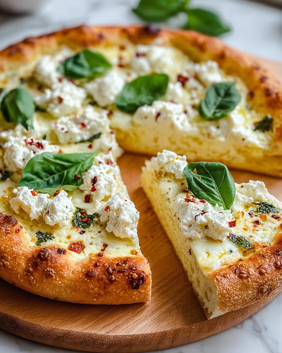 A pizza with a thick, golden crust sits on a wooden pizza board over a white marbled surface. The pizza has two visible layers: the base layer is melted white cheese covering the crust, and the top layer features dollops of soft white ricotta cheese scattered evenly across, with fresh green basil leaves placed on top. There are some small specks of red chili flakes and herbs sprinkled on the cheese. The crust is puffy and slightly toasted with brown spots, and a slice is cut halfway from the pizza, revealing the slightly airy and thick interior of the crust. Photo taken with an iphone --ar 4:5 --v 7