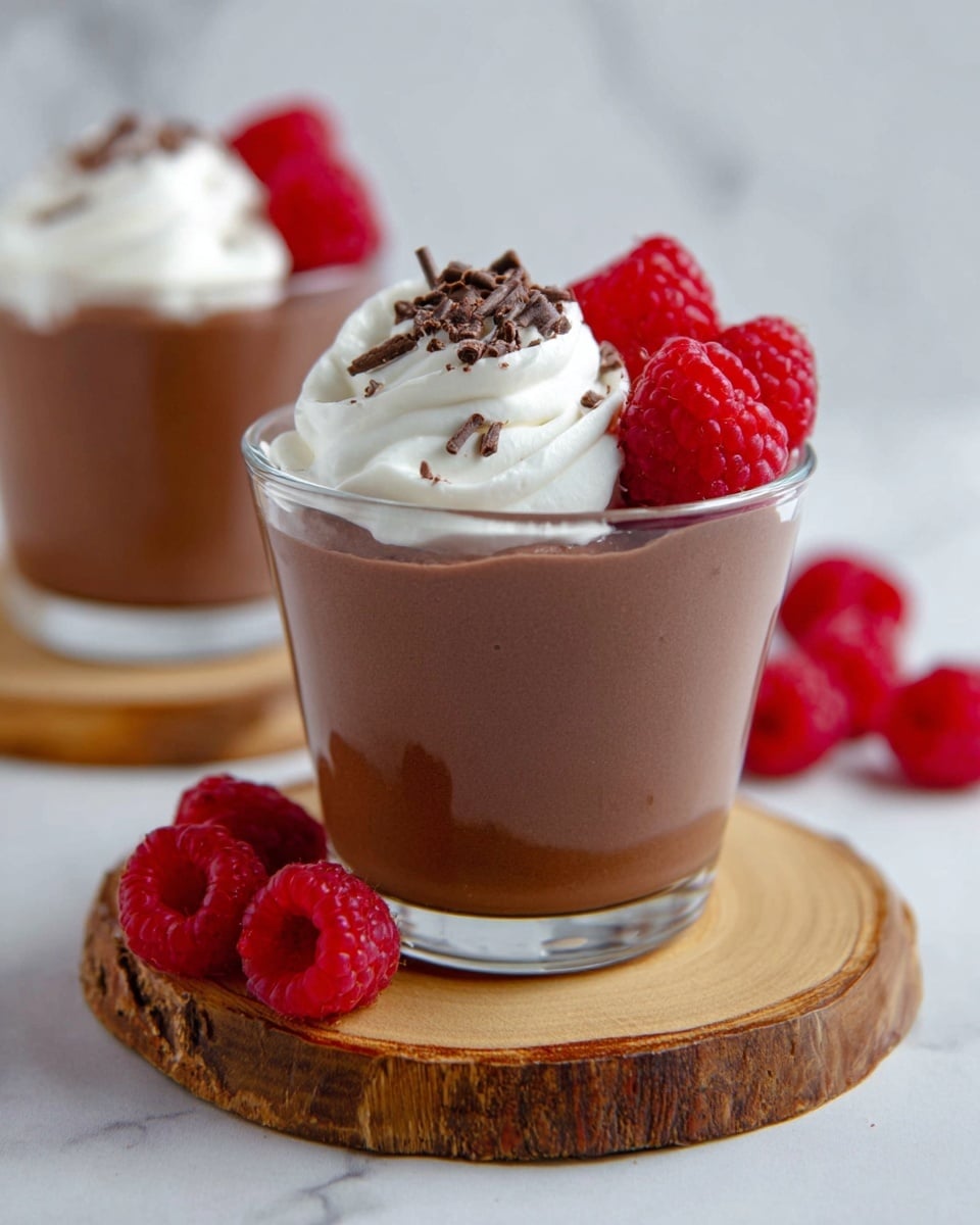 A clear glass cup filled with a smooth, dark brown chocolate mousse forms the base layer, topped with a swirl of white whipped cream sitting slightly off-center. Fresh, bright red raspberries are arranged around the whipped cream, with a few placed on the mousse itself and one on the white marbled surface next to the glass. Small chocolate shavings are sprinkled on top of the whipped cream. The glass cup rests on a round wooden coaster with visible grain and natural cracks. Another identical mousse cup is blurred in the background, also on a wooden coaster, against a white marbled background. Photo taken with an iphone --ar 4:5 --v 7
