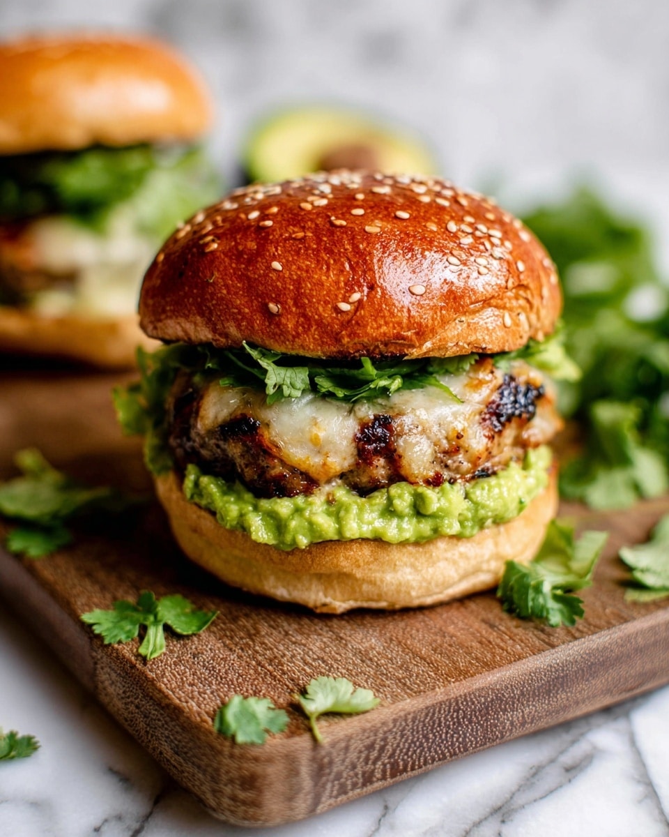 A close-up of a sandwich showing three layers: the bottom layer is a light brown sesame seed bun, the middle layer is a thick spread of bright green guacamole mixed with leafy dark green lettuce, and the top layer is a grilled, slightly charred patty with melted cheese oozing out, topped by the shiny golden-brown bun with sesame seeds. The sandwich sits on a wooden board with fresh green cilantro leaves scattered around, and the background is a white marbled texture. Photo taken with an iphone --ar 4:5 --v 7