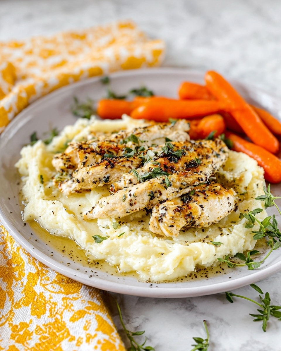 The dish is arranged on a round white plate placed on a white marbled surface with a yellow and white patterned cloth nearby. The base layer consists of creamy mashed potatoes in a soft off-white color and smooth texture, slightly spread across the plate. On top, there are several grilled chicken strips, golden brown with visible grill marks and specks of black pepper and herbs. A light sauce with chopped onions and herbs is drizzled over the chicken and mashed potatoes, adding a glossy texture and light yellowish tint. On one side of the plate, a small pile of whole cooked baby carrots in bright orange completes the presentation. A few small sprigs of fresh green herbs are scattered around the dish for garnish. Photo taken with an iphone --ar 4:5 --v 7