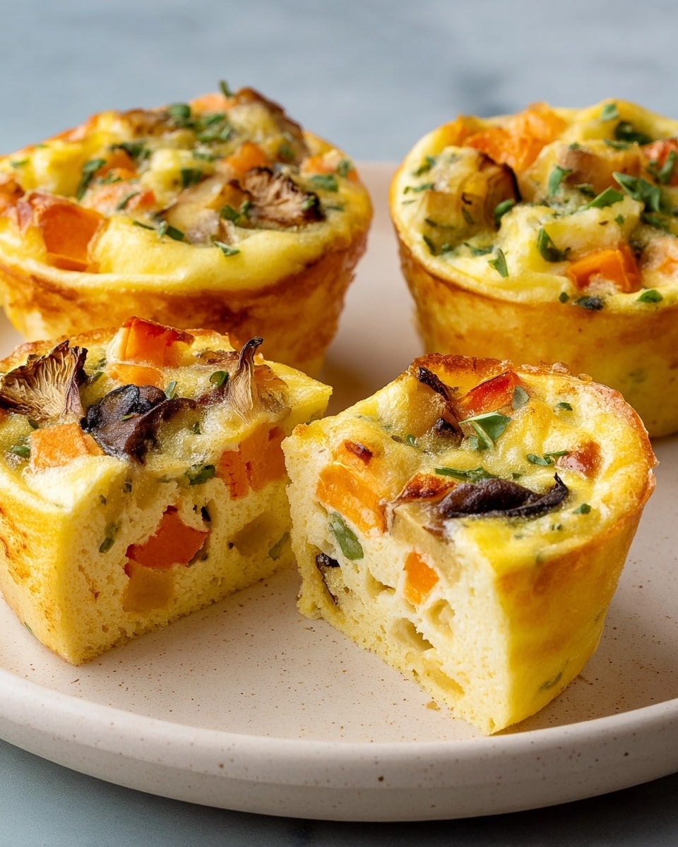 The image shows four mini egg muffins on a round white plate, set on a white marbled surface. Three of the muffins are whole, with a golden-brown top that has visible pieces of green herbs, caramelized onions, and bits of orange carrots. One muffin is cut in half, showing three main layers inside: a light yellow fluffy egg base, scattered orange carrot cubes, and darker mushroom pieces, with some green herbs embedded in the top egg layer. The texture is soft and spongy with a slightly crispy exterior. Photo taken with an iphone --ar 4:5 --v 7