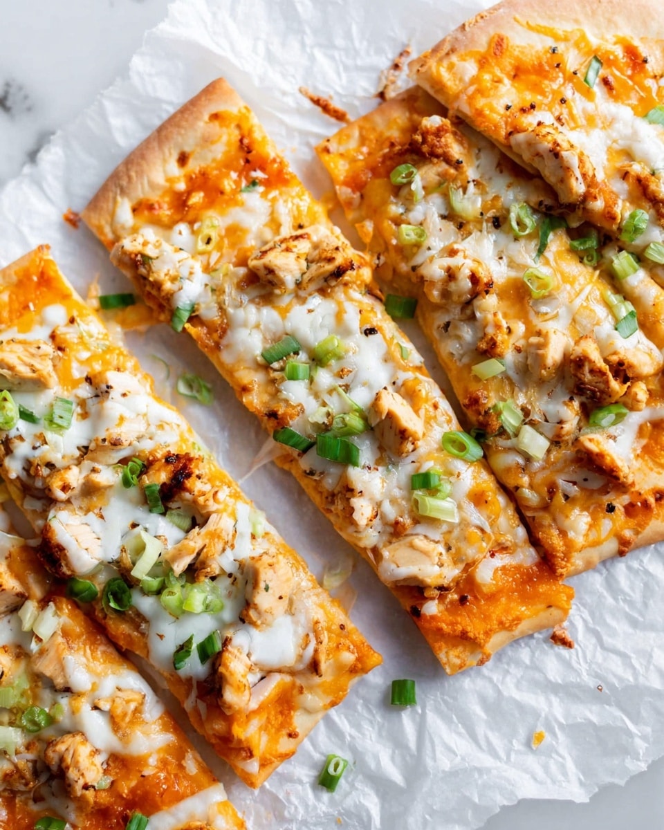 The image shows four rectangular slices of pizza laid out on crinkled white parchment paper over a white marbled surface. Each slice has a golden brown thin crust at the bottom layer, topped with a layer of bright orange cheese sauce. Over the sauce, there is a generous spread of melted white cheese that looks creamy and gooey. Scattered on top are small chunks of seasoned cooked chicken, pale with light browning, and bright green chopped scallions sprinkled evenly over each slice. The cheese appears melted just right, slightly bubbling and stretching between the chicken pieces. Photo taken with an iphone --ar 4:5 --v 7
