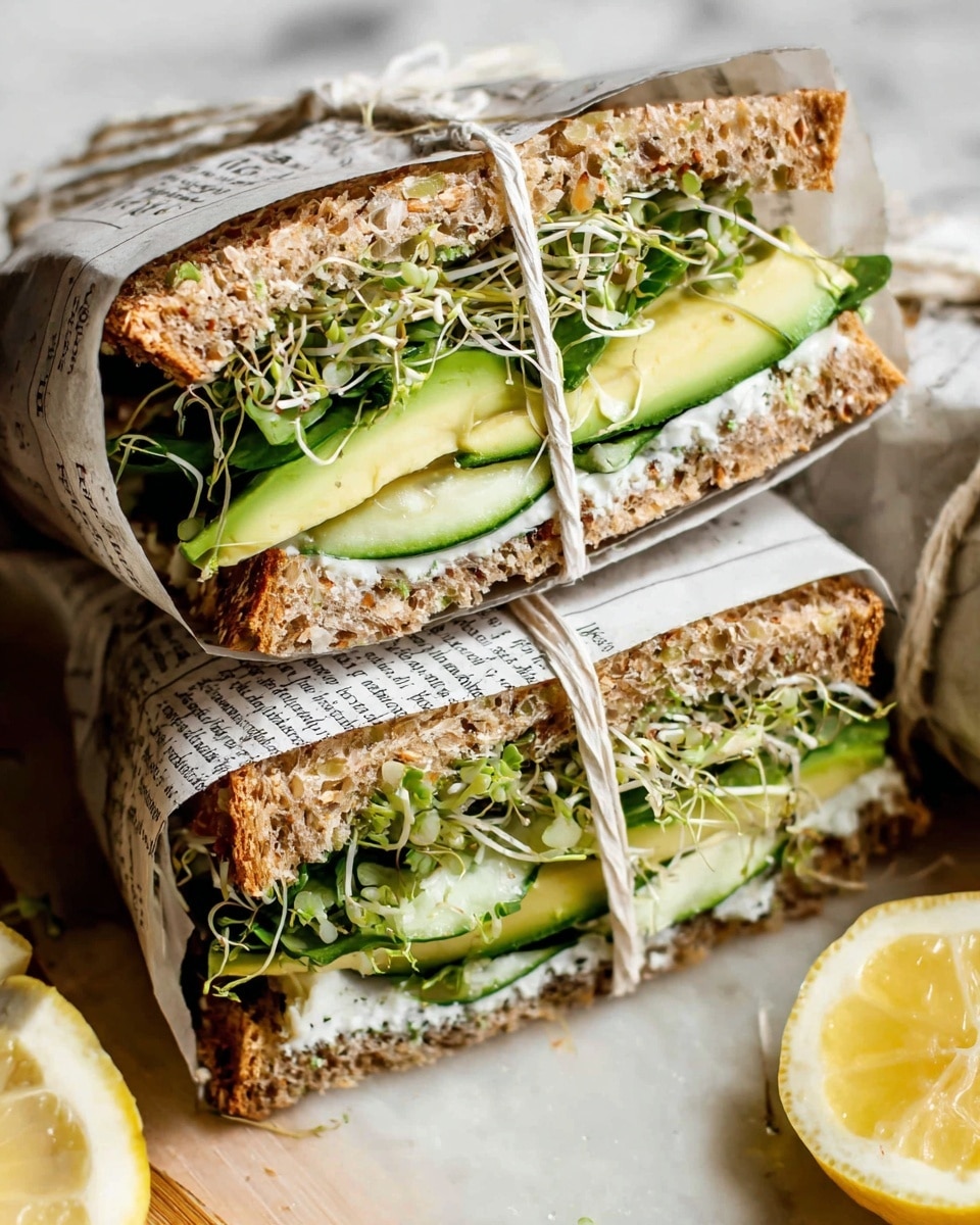 A close-up view of two sandwich halves wrapped in newspaper-style paper and tied with white string, showing layers of whole grain bread on the top and bottom with a rough texture and light brown color. Inside, the sandwich has a layer of green leafy vegetables, topped with thin slices of avocado and cucumber, then a layer of white creamy spread. There are light green sprouts with a thin, stringy texture on top. The sandwich is on a surface with a white marbled texture, and a sliced lemon is visible in the corner. photo taken with an iphone --ar 4:5 --v 7