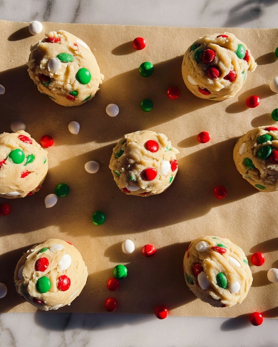 The image shows seven round cookie dough balls placed on a sheet of parchment paper over a white marbled surface. Each dough ball is light beige in color with a soft, slightly rough texture and is studded generously with small, round candy pieces in red, green, and white colors that slightly press into the dough. Around the dough balls, extra loose candy pieces scatter randomly, adding a festive look. The dough balls are arranged in a neat, spaced layout with sunlight casting soft shadows behind them. Photo taken with an iphone --ar 4:5 --v 7