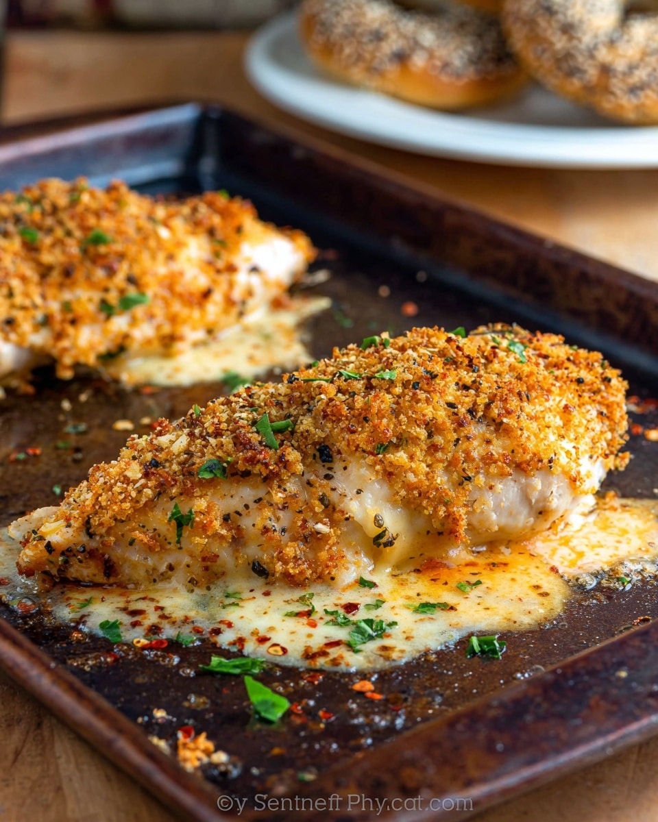 Two pieces of baked chicken breast sit on a dark baking tray over a wood surface, topped with a golden, crispy crumb layer mixed with herbs and small pepper flakes; beneath the crumbs, melted cheese is visible, oozing and bubbling out around the edges with creamy, slightly browned sauce spreading on the tray; small green herb pieces are scattered on top and around the chicken, adding contrast; in the background, a white plate with multiseed bagels is slightly blurred; the scene is warm and inviting with a close-up view. Photo taken with an iphone --ar 4:5 --v 7