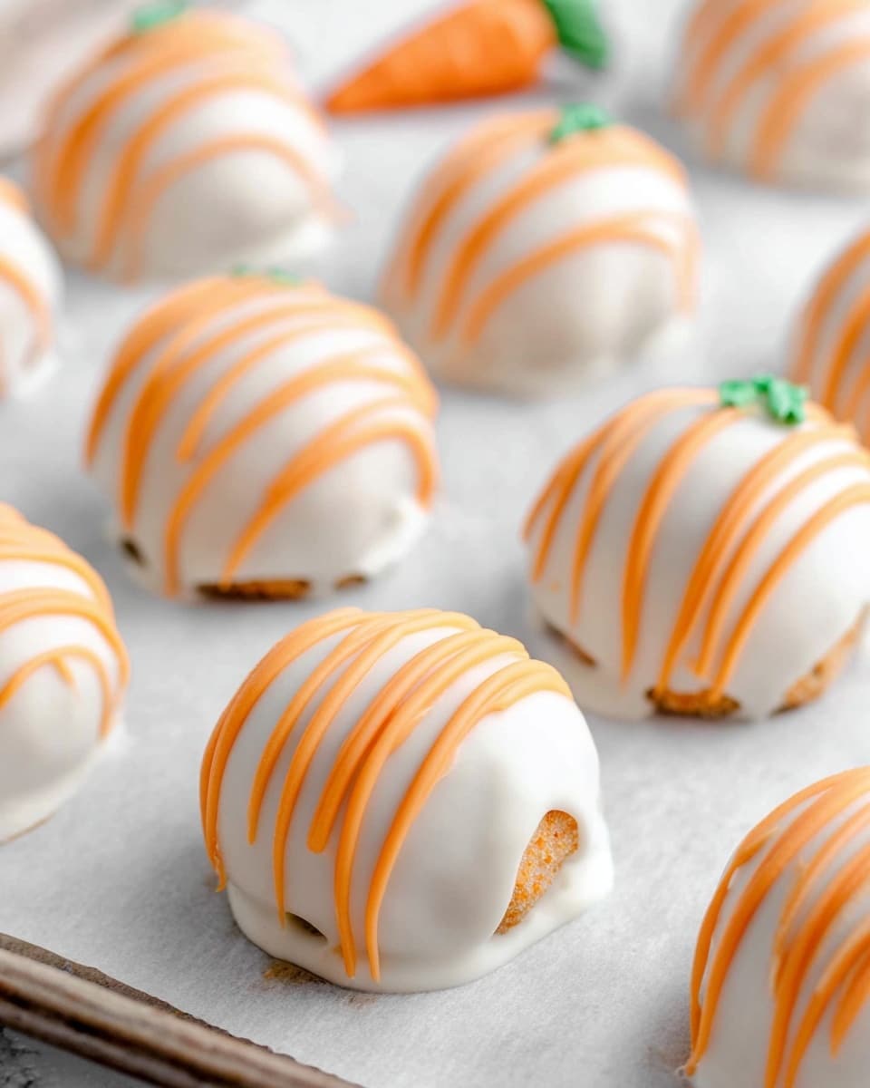The image shows several round desserts coated in smooth white icing, arranged closely on a baking tray lined with parchment paper. Each dessert has an even layer of bright orange drizzle artistically striped on top, adding texture and color contrast. One dessert in the background is decorated with a small orange carrot-shaped icing piece with green leaves. The baking tray sits on a white marbled surface, and the close-up view highlights the glossy finish of the icing and the neatness of the orange stripes. photo taken with an iphone --ar 4:5 --v 7