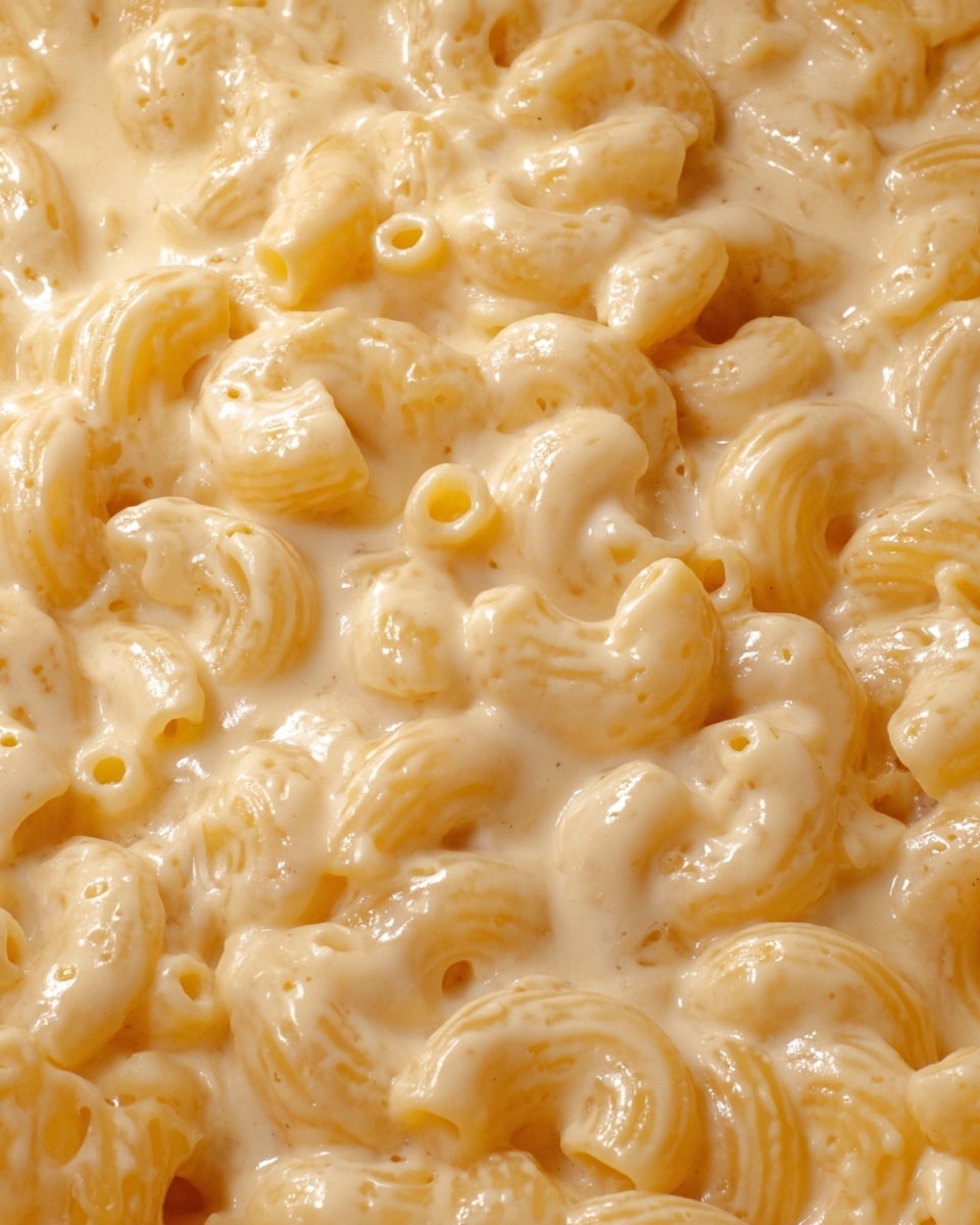 A close-up view of a creamy macaroni and cheese dish filling the entire frame, showing small elbow pasta shapes covered in a thick, smooth, pale yellow cheese sauce with a glossy texture and small bubbles on the surface. The cheese sauce looks rich and slightly stretchy, coating every pasta piece evenly, with no other layers or garnishes visible, set against a white marbled texture background. photo taken with an iphone --ar 4:5 --v 7