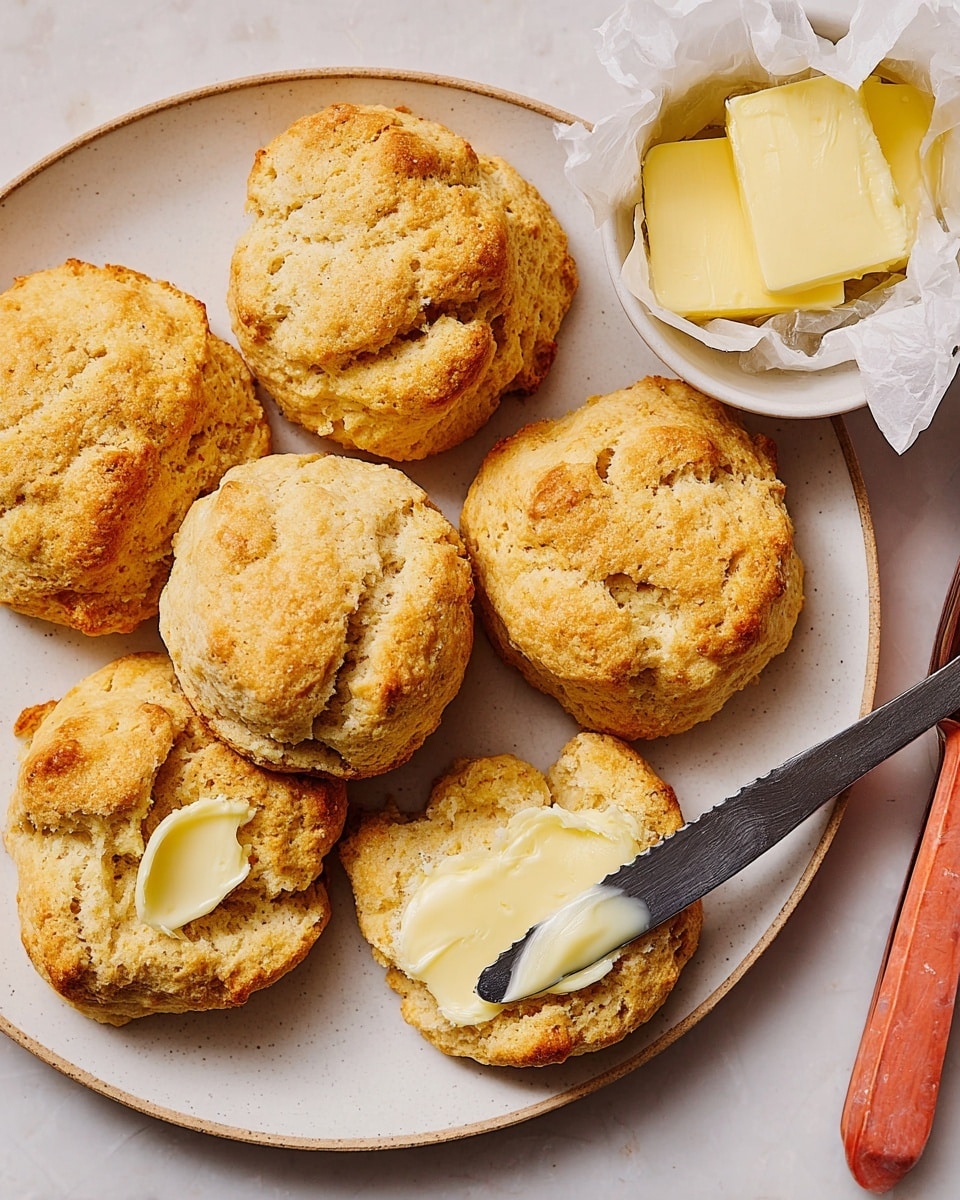 The image shows a white plate with six golden brown biscuits that have a rough, uneven texture and are slightly cracked on top, giving a homemade feel. One biscuit near the center is slightly opened with a thick layer of pale yellow butter on a knife placed beside it. A second white bowl sits at the top right corner, holding a wrapped block of pale yellow butter. The plate rests on a white marbled surface that adds a clean and bright background to the warm tones of the biscuits and butter. photo taken with an iphone --ar 4:5 --v 7