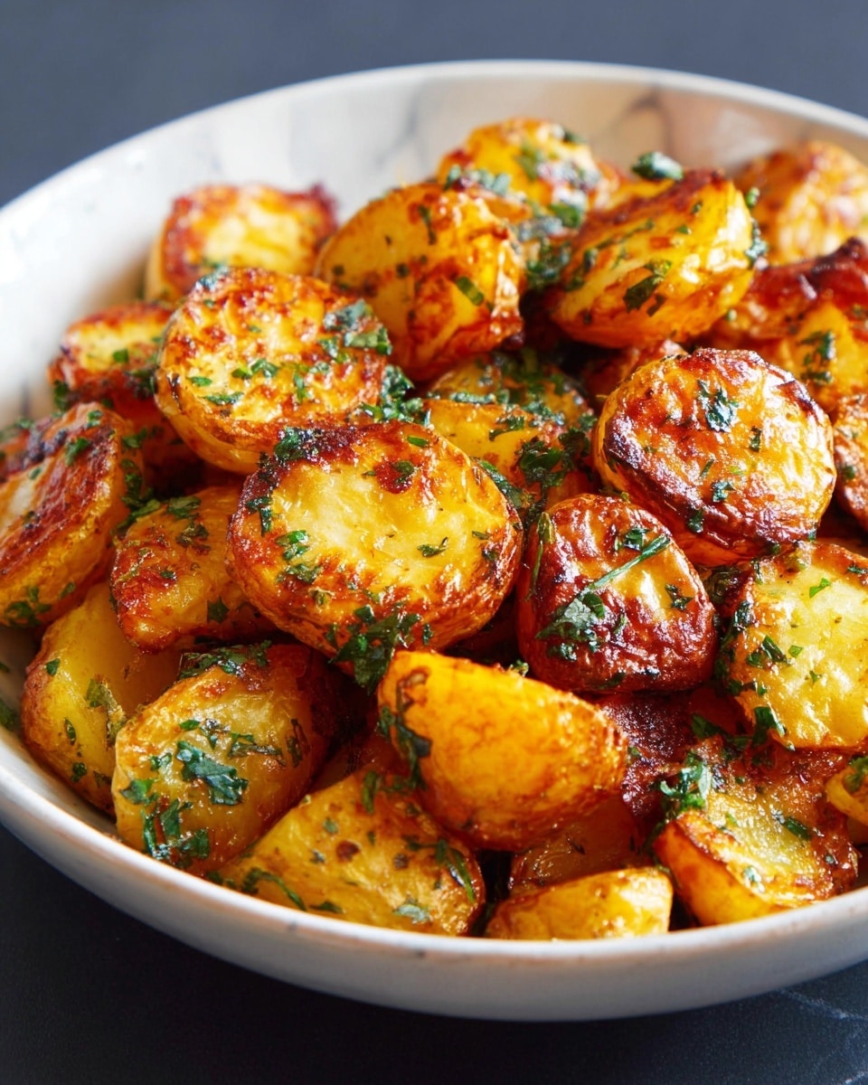 A close-up of a white bowl filled with golden brown roasted potato chunks, each piece showing a crispy, caramelized outer layer with a soft yellow inside. The potatoes are sprinkled with finely chopped green herbs that add a fresh contrast to the warm orange and yellow tones of the potatoes. The bowl sits on a white marbled surface, and the overall look is warm and inviting with a textured, slightly shiny finish on the potatoes from the roasting process. photo taken with an iphone --ar 4:5 --v 7