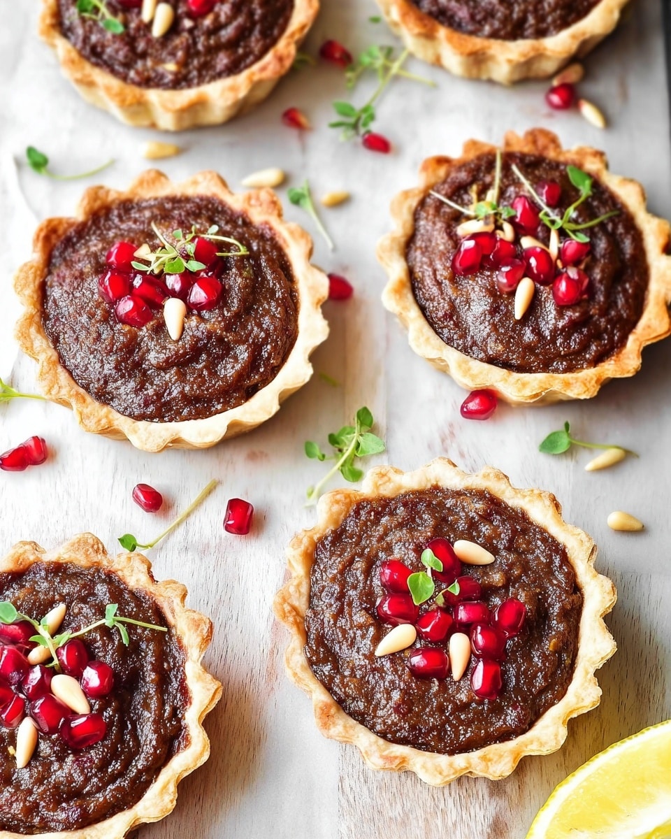 Six small tart pies with thick, dark brown filling sit on a white marbled surface. Each tart has a golden, scalloped crust and is topped with a small cluster of bright red pomegranate seeds and pale pine nuts. Green microgreens and loose pomegranate seeds are scattered around the tarts for decoration. A slice of lemon is partly visible in the corner. The image is bright and clear, showing the texture of the filling and the crisp edges of the crust. photo taken with an iphone --ar 4:5 --v 7