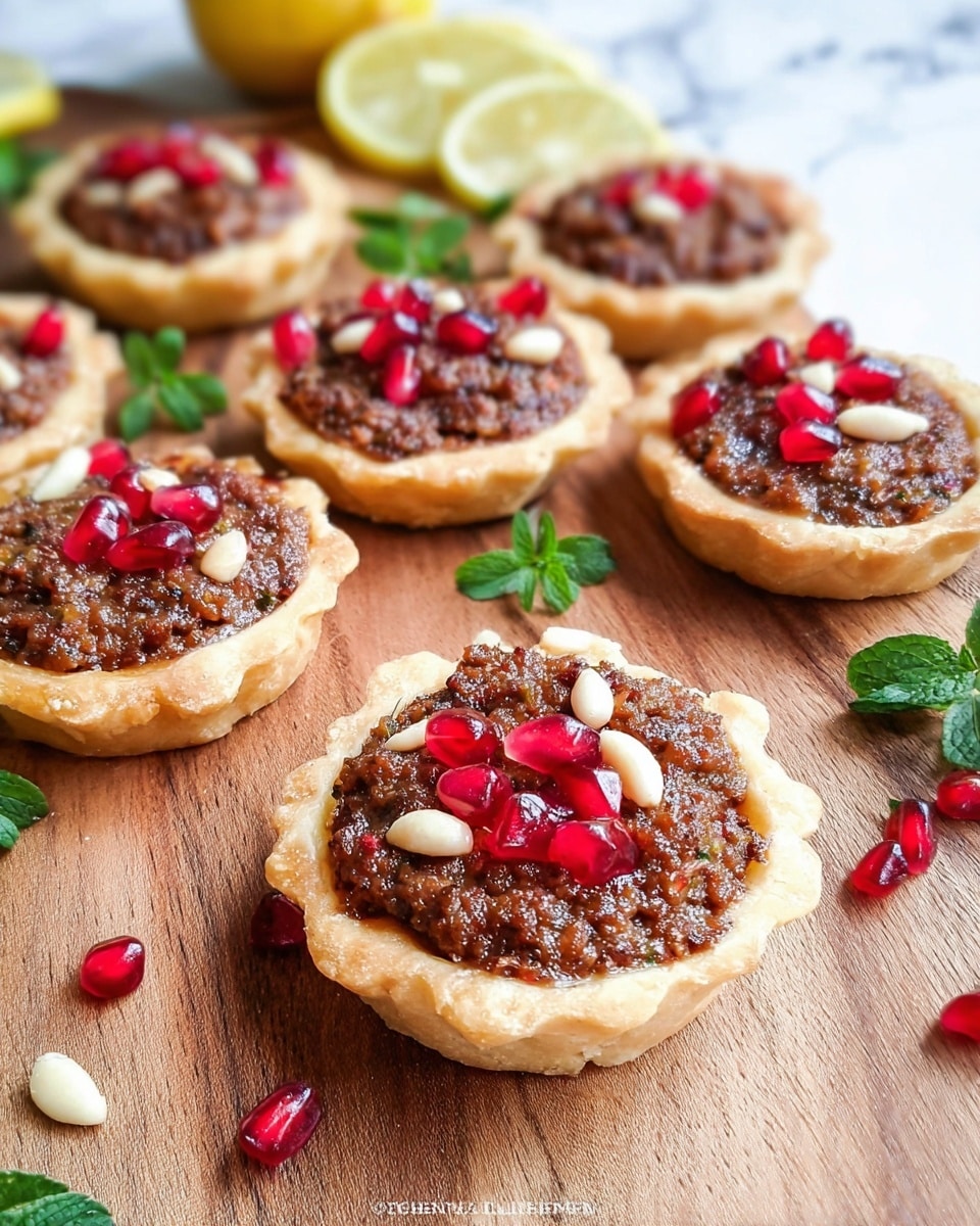 The image shows multiple small round tarts with a light golden crust, slightly crimped edges, each topped with a thick, coarse textured brown meat mixture. On top of the meat layer, there are scattered white pine nuts and bright red pomegranate seeds arranged in small clusters, adding color contrast. The tarts are placed close together on a wooden board with a natural grain visible, along with some small green leafy herbs and a couple of lemon slices in the corner. The setting has a fresh and natural feel with a white marbled background. Photo taken with an iphone --ar 4:5 --v 7