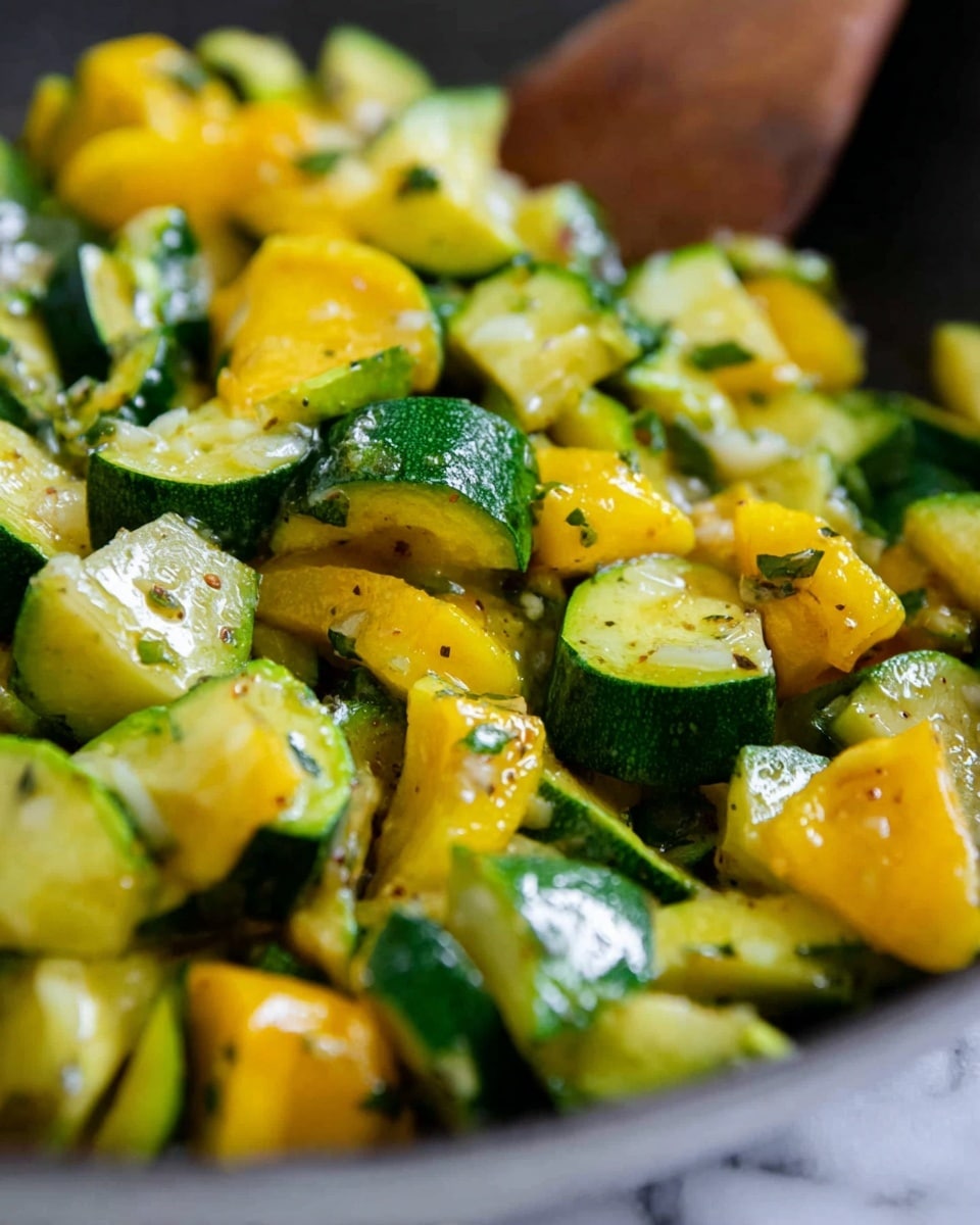 This image shows close-up cooked vegetables made of thick chopped green zucchini and yellow squash pieces mixed together. The zucchini has a deep green skin with light green inside, while the yellow squash is bright yellow with a slightly soft texture. The vegetables are coated with oil giving a shiny look, with some small bits of herbs and garlic scattered throughout. A blurred wooden spoon can be seen in the background, all set on a white marbled surface. photo taken with an iphone --ar 4:5 --v 7