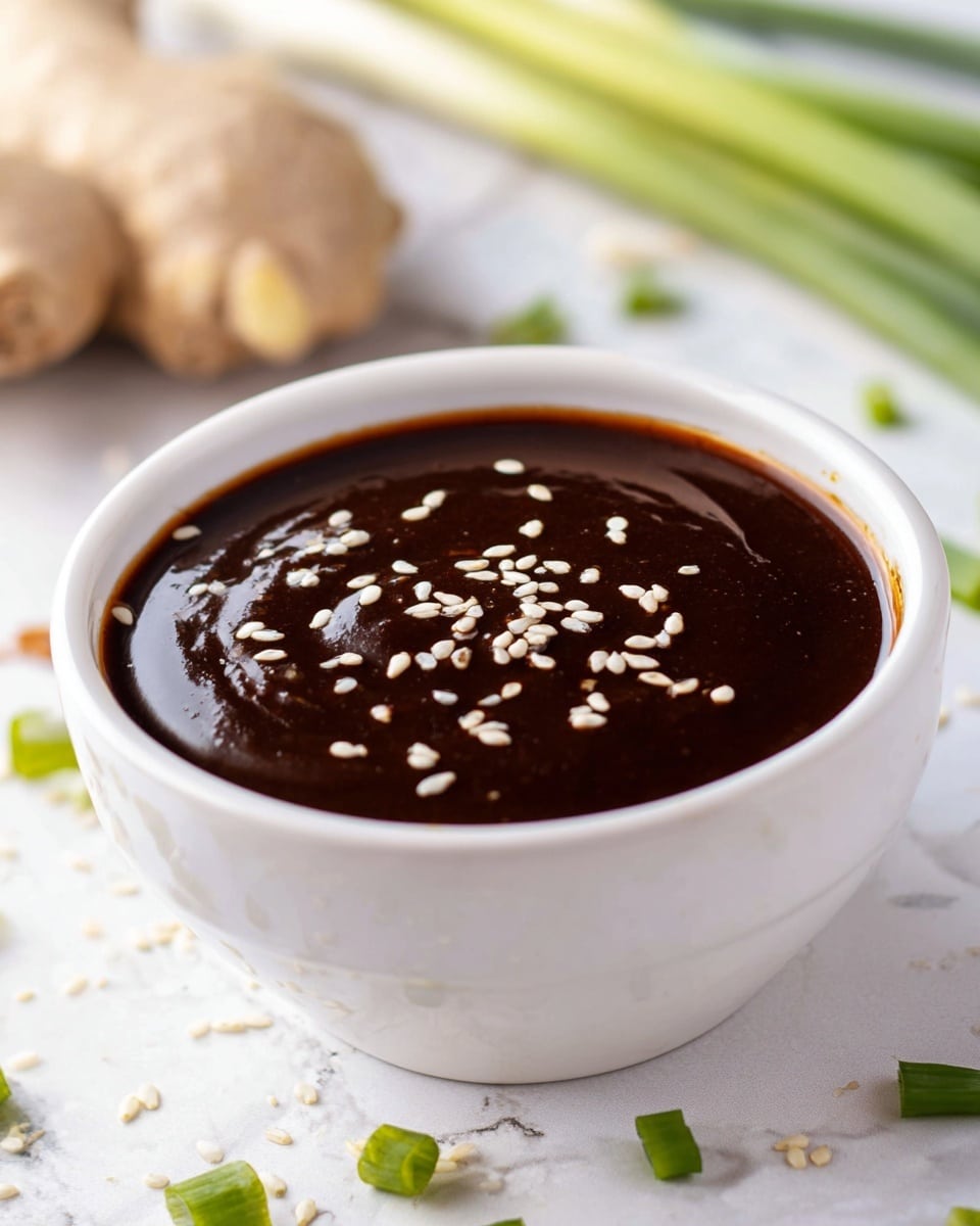 A close-up shot of a small white bowl filled with dark brown, glossy sauce that has a smooth texture with slight ripples. The sauce is sprinkled lightly on top with small white sesame seeds. The bowl sits on a white marbled surface scattered with chopped green onion pieces and a few sesame seeds. In the background, there is a blurred piece of fresh ginger and some green onion stalks. The lighting highlights the shiny surface of the sauce, making it look rich and thick. photo taken with an iphone --ar 4:5 --v 7