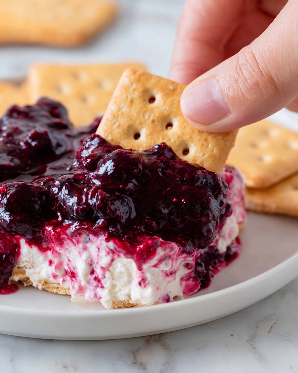 A close-up image shows a woman's hand holding a light brown square cracker with small holes, dipping it into a creamy, thick mixture on a white plate. The mixture has two main layers: a bottom, fluffy white layer with some texture, and a top layer made of chunky, glossy, deep purple berry compote that looks juicy and a little sticky. The mixture is slightly spread out on the plate, and more crackers are visible in the background, resting on a white marbled surface. photo taken with an iphone --ar 4:5 --v 7