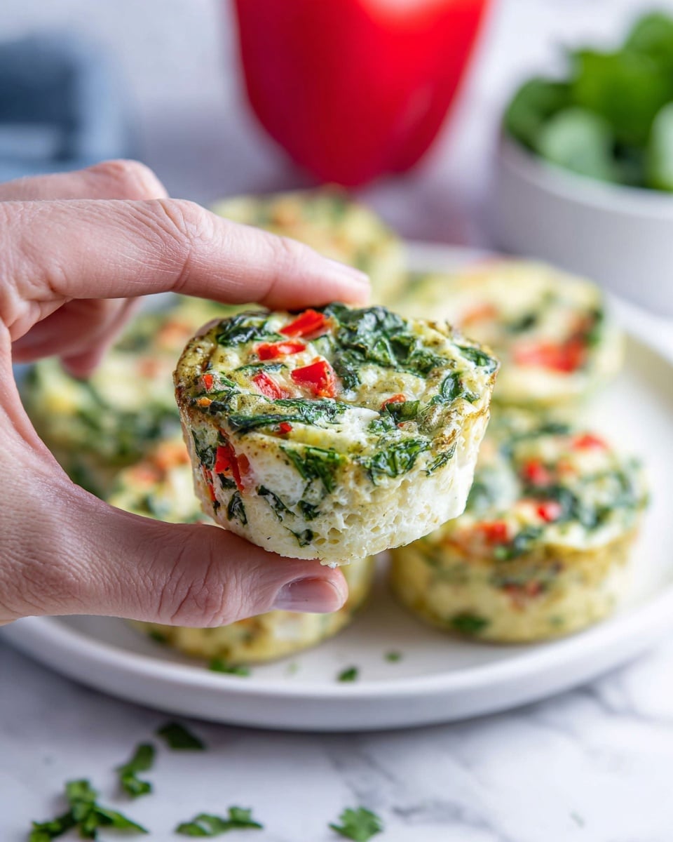 A close-up of a small round egg muffin held by a woman's hand, showing its top layer mixed with bright green chopped spinach and small pieces of red bell pepper, giving it a fresh and colorful look. The muffin has two visible layers: the top is textured with vegetables and the bottom is light and fluffy with a pale yellow color. Behind, several more egg muffins sit on a white plate on a white marbled surface, with some scattered green herbs around. A blurred red bell pepper and a bowl of green spinach leaves are visible in the background. Photo taken with an iphone --ar 4:5 --v 7
