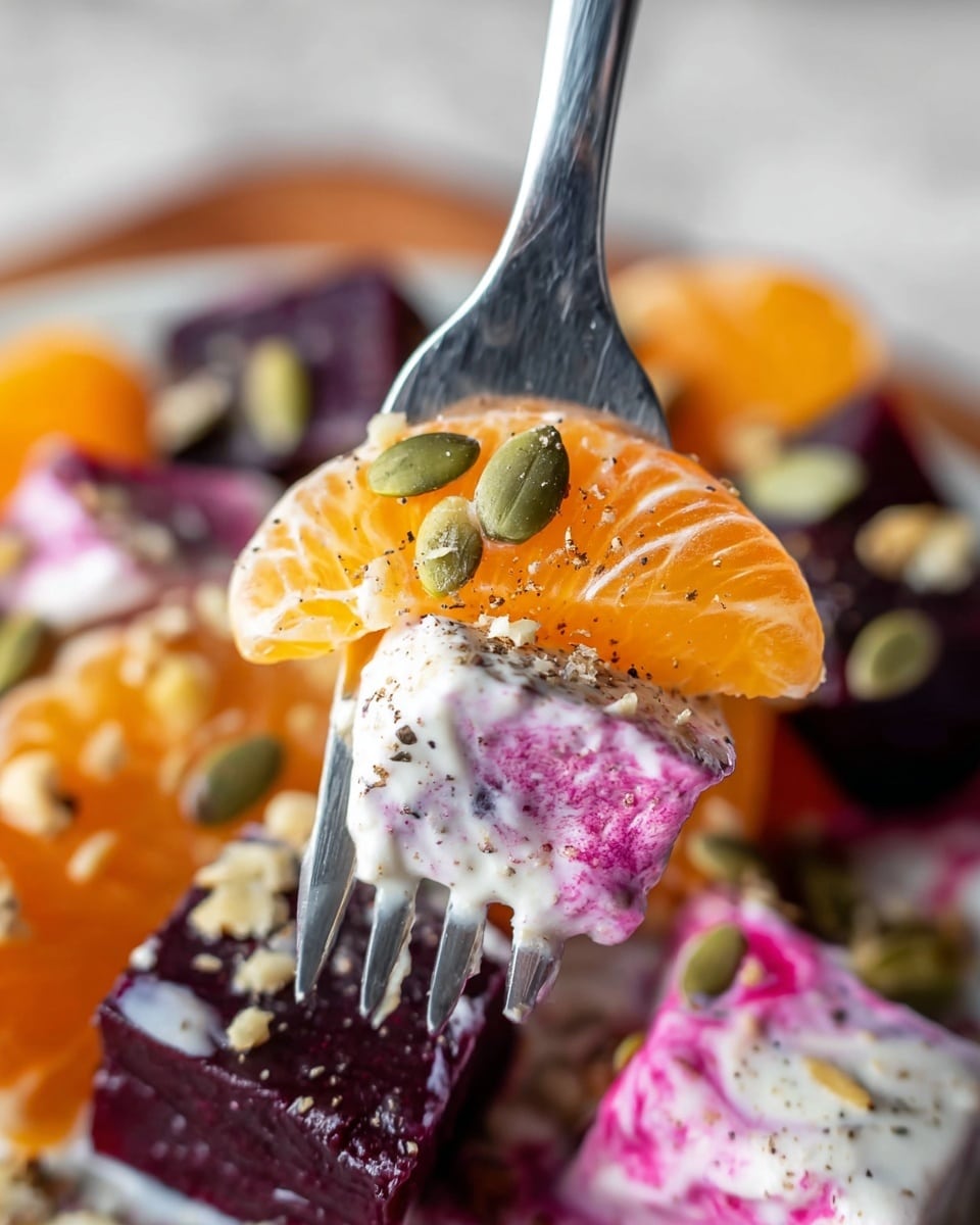 A close-up image shows a silver fork holding a bite of food with three visible layers: the bottom layer is a dark purple beet cube, the middle layer is a creamy white sauce with pink streaks, and the top layer is a bright orange mandarin orange slice sprinkled with green pumpkin seeds and small chopped nuts, all dusted lightly with black pepper. The food is set on a white plate with more pieces of beet, orange slices, and cream sauce in the background, resting on a white marbled texture. photo taken with an iphone --ar 4:5 --v 7