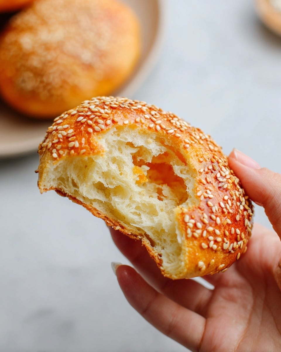 A close-up photo shows a woman's hand holding a golden-brown oval bread piece covered with sesame seeds on the top. The bread is torn open in the center, revealing a soft, airy, and light yellow inner texture with a flaky look. The sesame seed-coated crust has a shiny, slightly rough surface. The blurred background has a white marbled texture with hints of a white plate holding similar bread in the corner. photo taken with an iphone --ar 4:5 --v 7