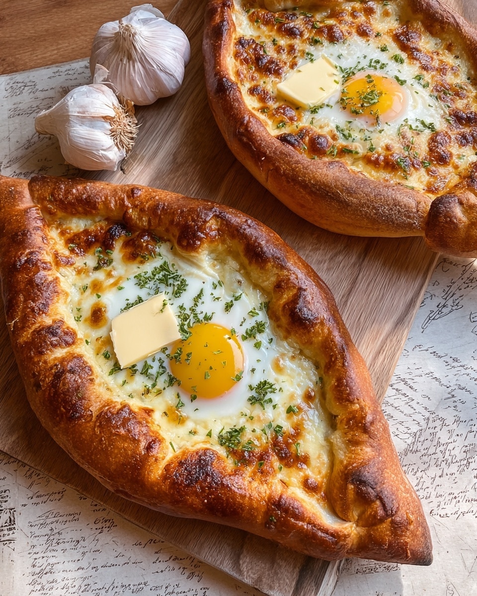 Two boat-shaped breads rest on a wooden board with a white marbled texture under it. Each bread has a golden-brown crispy crust with some toasted spots, creating a shiny surface. The center of each bread holds a cooked egg with a bright yellow yolk and a white surrounding, sprinkled lightly with green herbs. One bread has a small square of melting butter next to the egg, adding a creamy yellow contrast. The breads have a thick, puffy border that encloses a layer of melted cheesy topping, which is light yellow with browned spots. Garlic bulbs and cloves sit to the side on a piece of paper with faded writing, adding a rustic feel. photo taken with an iphone --ar 4:5 --v 7