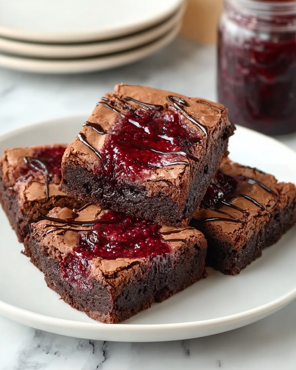 Three chocolate brownies are placed on a white plate, each square brownie showing a deep dark brown color with a cracked, dry top layer. Swirled into the top of each brownie is a thick, glossy red jam that contrasts with the dark chocolate, and thin lines of chocolate drizzle trace over the jam and crust. The inside looks moist and dense with a soft texture. The plate is on a white marbled surface and in the background, there is a jar filled with dark red jam and a stack of white plates. photo taken with an iphone --ar 4:5 --v 7