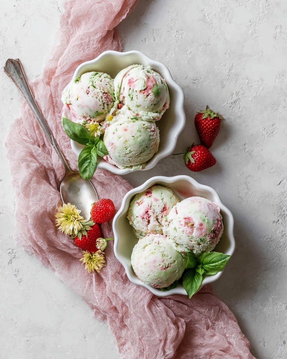 Two white scalloped bowls sit on a white marbled surface, each filled with three scoops of creamy ice cream swirled with light green and pink colors. One bowl has fresh green basil leaves nestled beside the ice cream. The other bowl contains a silver spoon, some whole red strawberries, and small yellow strawberry flowers placed alongside the ice cream. A soft pink cloth is loosely draped near the bowls. The overall look is fresh and inviting, with smooth, slightly melting textures in the ice cream and vibrant, natural colors from the fruit and herbs. photo taken with an iphone --ar 4:5 --v 7