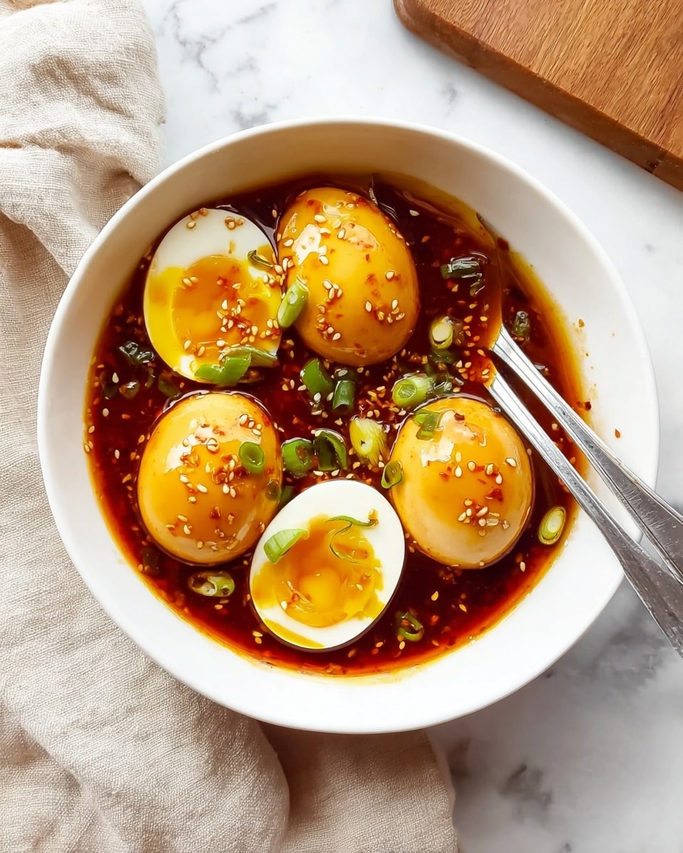 A white bowl filled with five soy-marinated eggs, three whole and two cut in half showing bright yellow yolks and firm white edges. The eggs sit in a dark reddish-brown sauce with a shiny, slightly oily surface. The sauce is dotted with small white sesame seeds and chopped green onions scattered on top and in the liquid. Two spoons rest inside the bowl on the right side. The bowl is placed on a white marbled surface with a light beige cloth partially covering the lower left side and a wooden board partially visible on the upper right. photo taken with an iphone --ar 4:5 --v 7