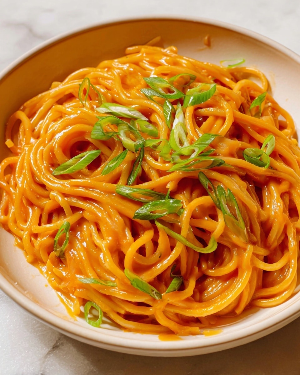 A close-up view of a round white plate filled with a single layer of spaghetti coated in a smooth, glossy orange sauce. The noodles are thick and slightly twisted, positioned randomly but neatly within the plate. Scattered on top are thinly sliced green scallions, adding a fresh pop of vibrant green color and contrasting texture. The setting includes a white marbled surface underneath the plate. photo taken with an iphone --ar 4:5 --v 7