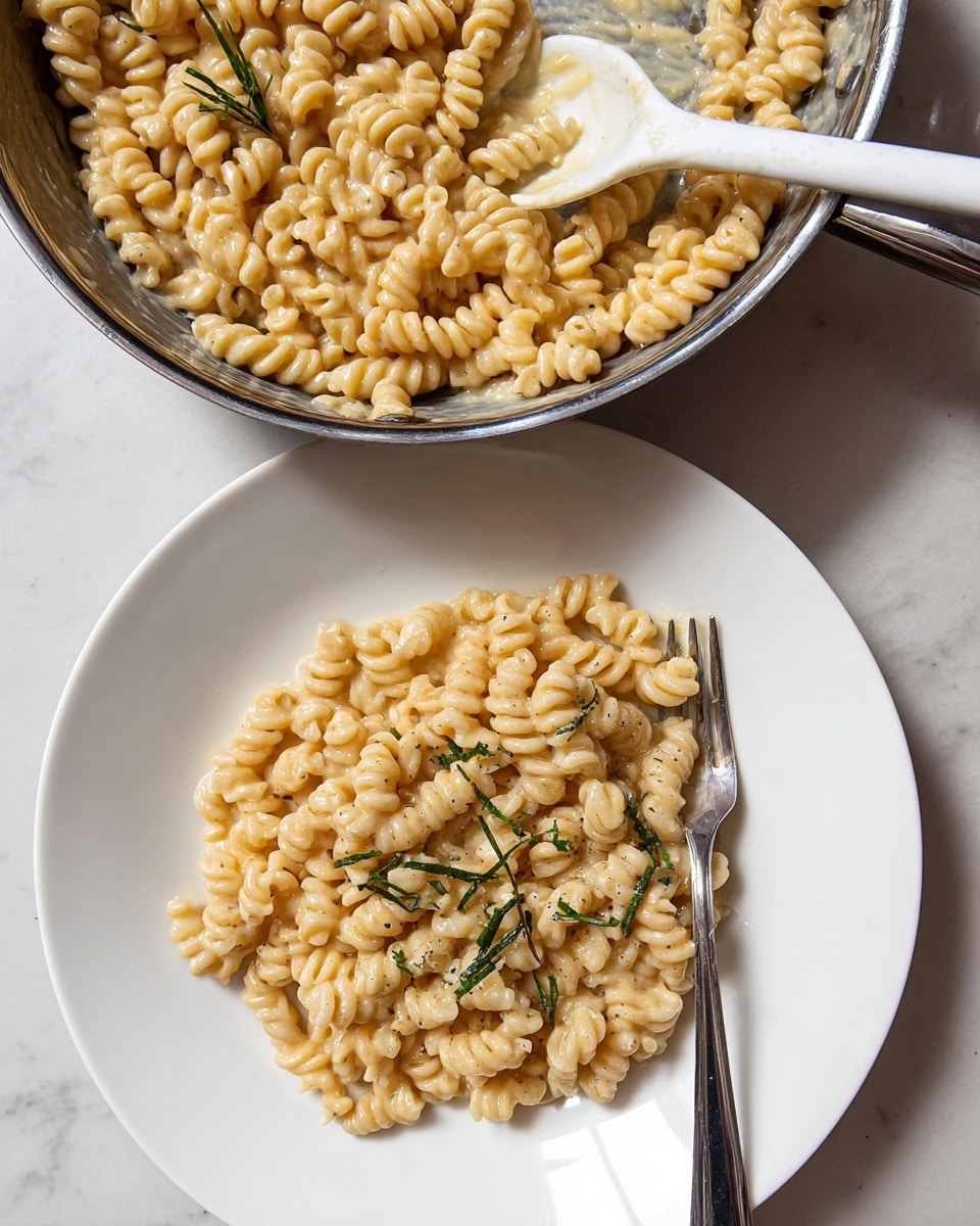 The image shows a white plate filled with one layer of short, curly pasta coated evenly in a light creamy sauce. Small green herb sprigs are scattered on top, adding a touch of fresh color. A silver fork is placed on the right side of the plate, resting partly in the pasta. Above the plate, a metal pan with a shiny handle contains more of the same pasta in sauce, with a white spoon inside the pan. The dish is set on a white marbled surface, creating a clean and simple background. Photo taken with an iphone --ar 4:5 --v 7