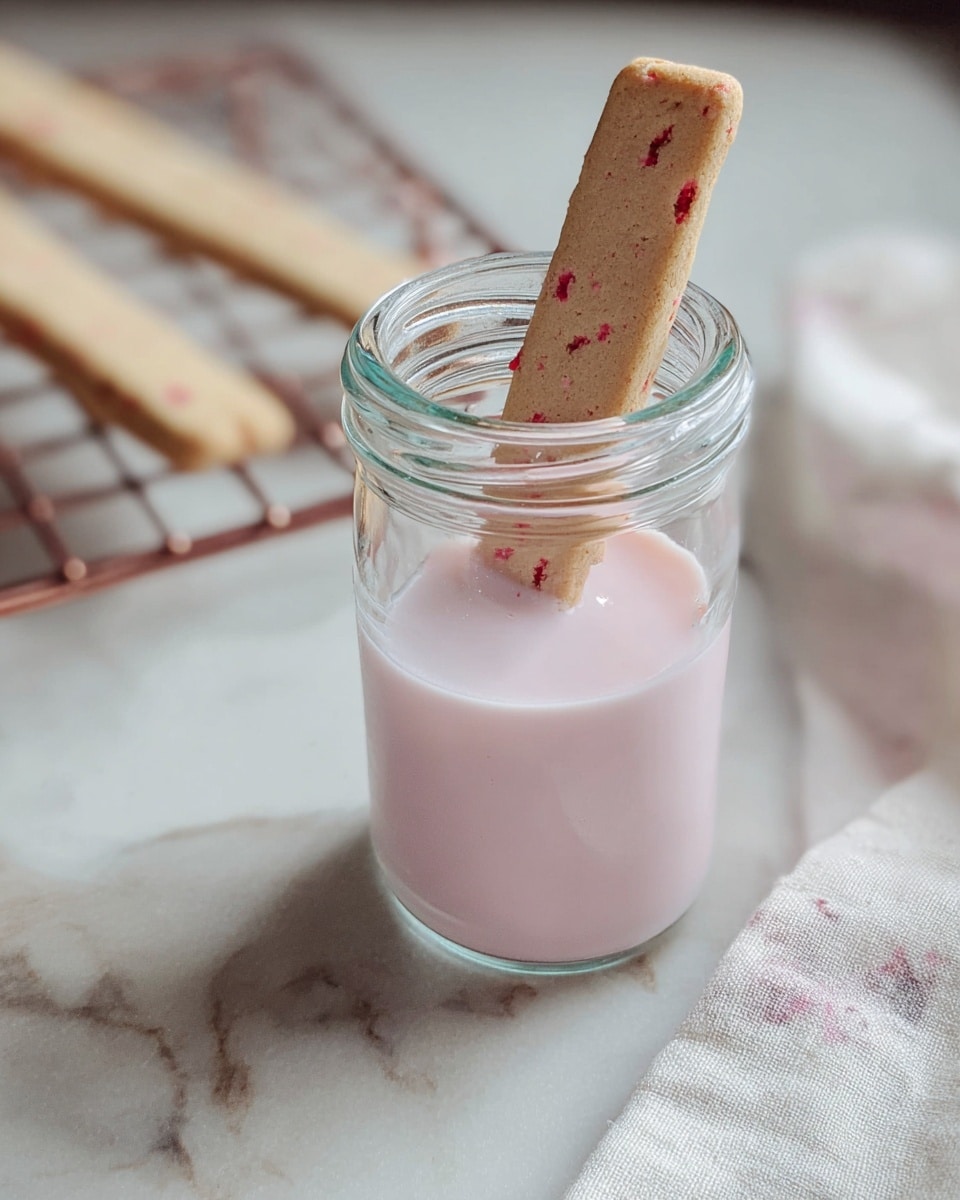 A small clear glass jar is filled almost to the top with light pink liquid. A beige biscuit stick with red specks is dipped vertically into the jar, slightly wet at the bottom where it enters the liquid. Another biscuit stick lies flat on a white marbled surface nearby, with a wire rack in the soft-focus background. A corner of a white cloth with faint gray and pink patterns is partially shown at the bottom right. The scene is close-up and softly lit. photo taken with an iphone --ar 4:5 --v 7