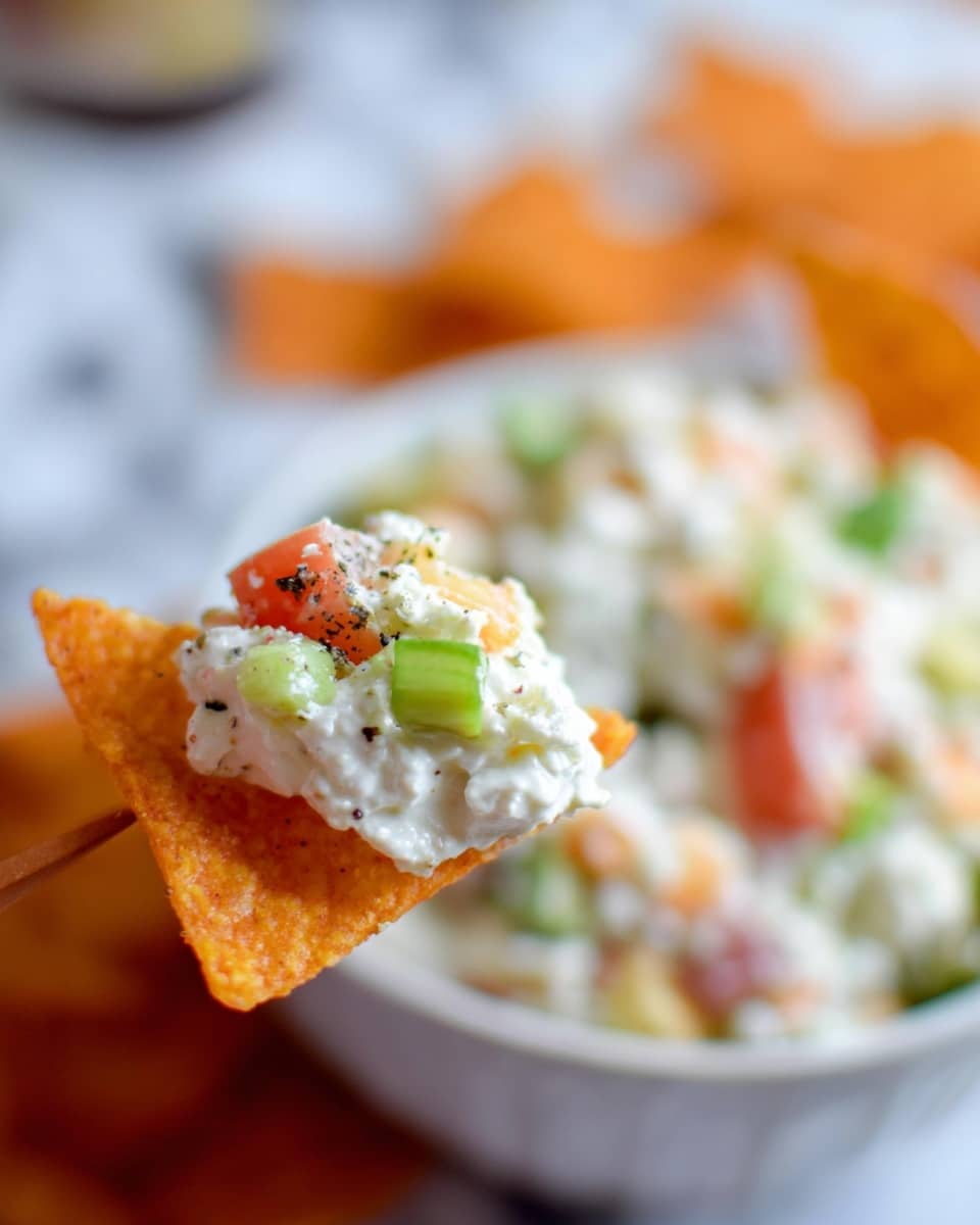 A close-up of a single triangular orange chip with a rough texture, holding a scoop of creamy white cottage cheese mixed with small chunks of red tomato, light green avocado, and green onion, all sprinkled with a few black pepper flakes. In the background, slightly blurred, there is a white bowl full of the cottage cheese salad placed on a white marbled surface, with more orange chips scattered around. The setting is bright and focuses on the freshness and texture of the ingredients. Photo taken with an iphone --ar 4:5 --v 7