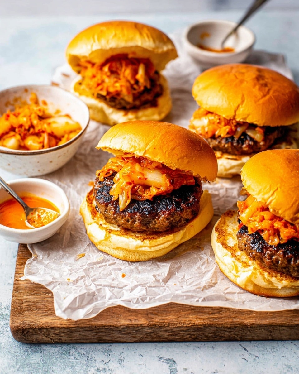 The image shows four burgers on crinkled white paper over a wooden board placed on a white marbled surface. Each burger has three layers visible: a soft, golden shiny top bun, a thick grilled beef patty with a charred texture, and bright orange shredded kimchi layered on top of the patty. The bottom bun is fluffy and slightly toasted. Near the burgers, there are two small white bowls, one containing extra kimchi and the other a mix of orange sauces with a spoon inside. The overall scene is bright and colorful with warm tones, focusing on the rich textures and vibrant colors of the kimchi and beef patty. photo taken with an iphone --ar 4:5 --v 7