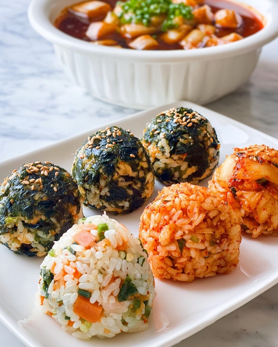 The image shows a white plate with three groups of rice balls, arranged in a neat row. The first group in the front has white rice mixed with small pieces of vegetables like carrots and green leafy bits, creating a colorful contrast of orange and green on white. The middle group has reddish-orange rice with small bits of kimchi on top, giving a spicy and textured look. The last group at the back has rice balls coated with dark green seaweed flakes and sprinkled with light brown sesame seeds, creating a rough texture and speckled pattern. In the background, there is a white bowl with thick sauce and ingredients topped with green garnishes, placed on a white marbled surface. photo taken with an iphone --ar 4:5 --v 7