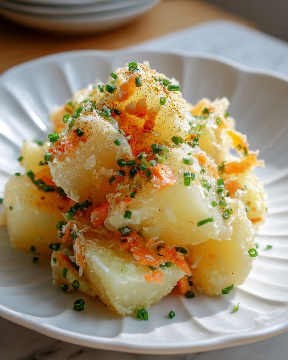 This image shows a small pile of cubed, pale yellow potato salad in a white bowl with delicate ridges, sitting on a white marbled surface. The potato cubes are mixed with thin orange carrot shreds and small bright green chopped chives, giving the dish a mix of soft, chunky textures and fresh colors. The top layer is sprinkled with coarse salt crystals and a light dusting of seasoning that has a reddish tone, adding a slight contrast and texture. The lighting highlights the moist, slightly glossy texture of the potatoes and seasoning, making the dish look fresh and tasty. photo taken with an iphone --ar 4:5 --v 7