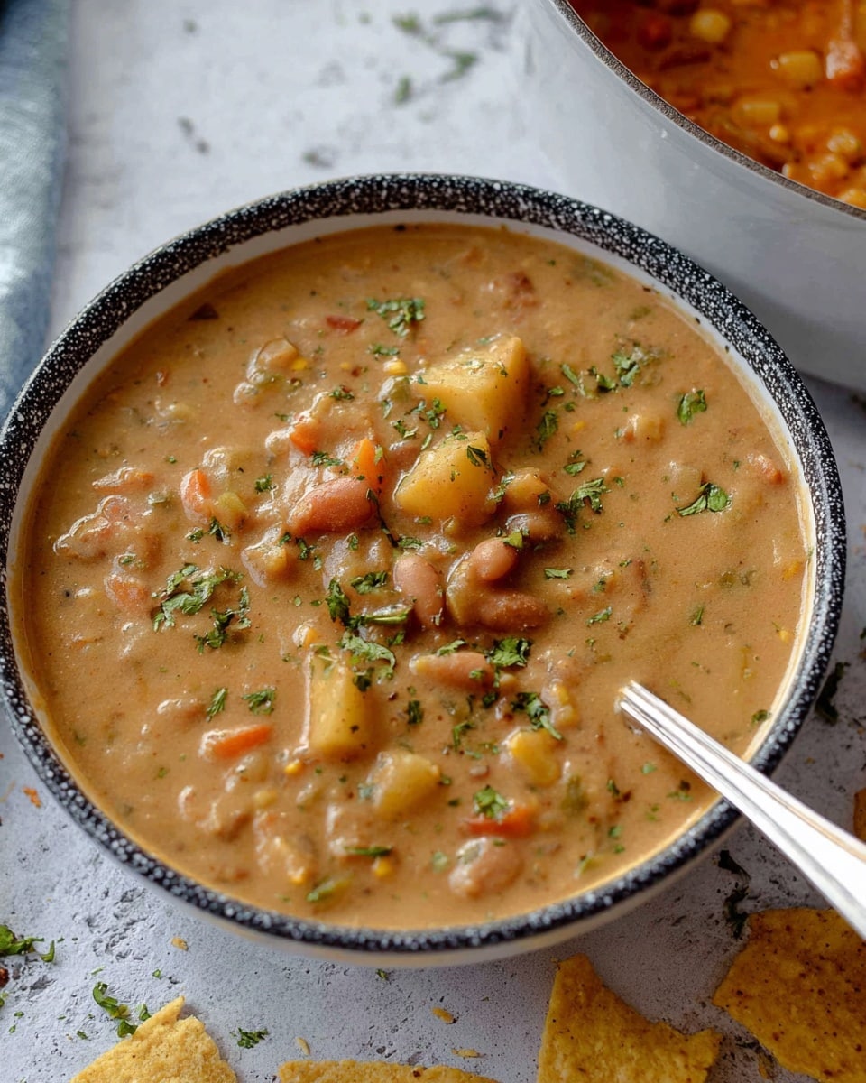 A close-up of a filled bowl with creamy brown soup containing visible pieces of potatoes, beans, and carrots scattered throughout, sprinkled lightly with green herbs on top. The bowl is white with a speckled dark rim and sits on a white marbled textured surface. A silver spoon rests inside the bowl, partially submerged in the soup, with its handle extending out. Bits of garnish and some yellow tortilla chips appear near the bowl, and part of another container with orange stew is seen slightly blurred at the top right corner. photo taken with an iphone --ar 4:5 --v 7