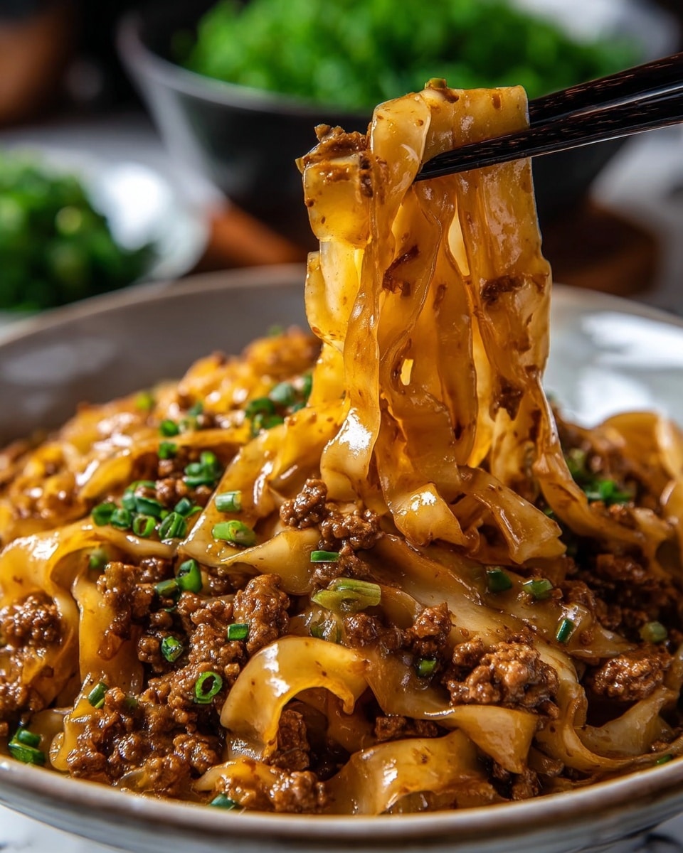 A close-up of a black bowl filled with wide, flat noodles covered in a glossy, dark brown sauce mixed with bits of minced meat and green onion slices scattered on top. Chopsticks hold up a tangled clump of noodles and meat from the bowl, showing the shiny texture of the sauce and the soft, curled noodles. Some green onions lie blurred in the background, with a white marbled surface underneath. photo taken with an iphone --ar 4:5 --v 7