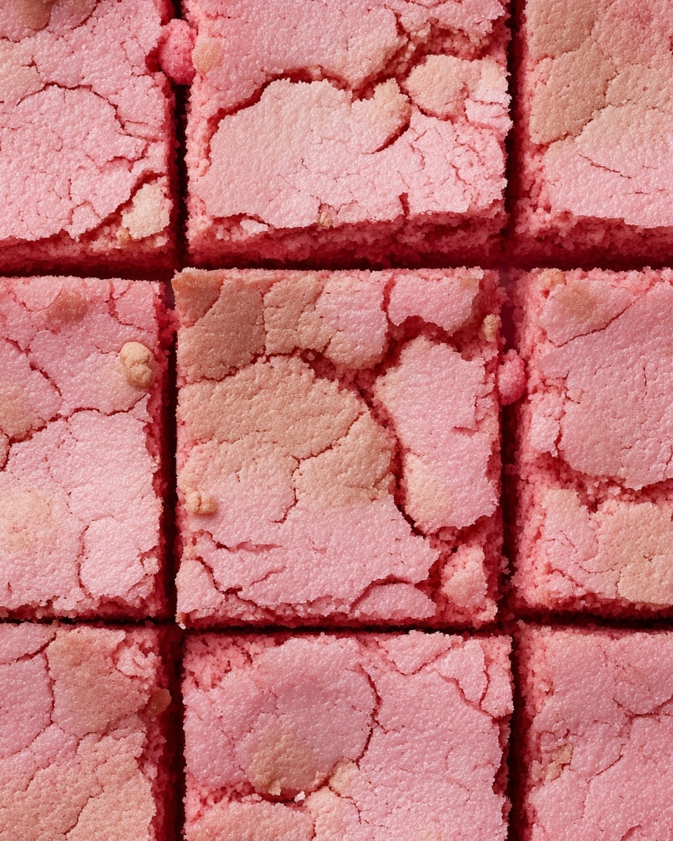 A close-up view of a block of pink brownies cut into multiple square pieces with a cracked, slightly rough surface. The outer layer is a light pink crust with uneven cracks showing a moist, deeper pink interior. The squares are arranged tightly together, showcasing a textured top with small crumbly bits sticking out. The pink color varies between soft and deeper shades, highlighting the rich, dense, and slightly gooey texture underneath the delicate crust. Photo taken with an iphone --ar 4:5 --v 7