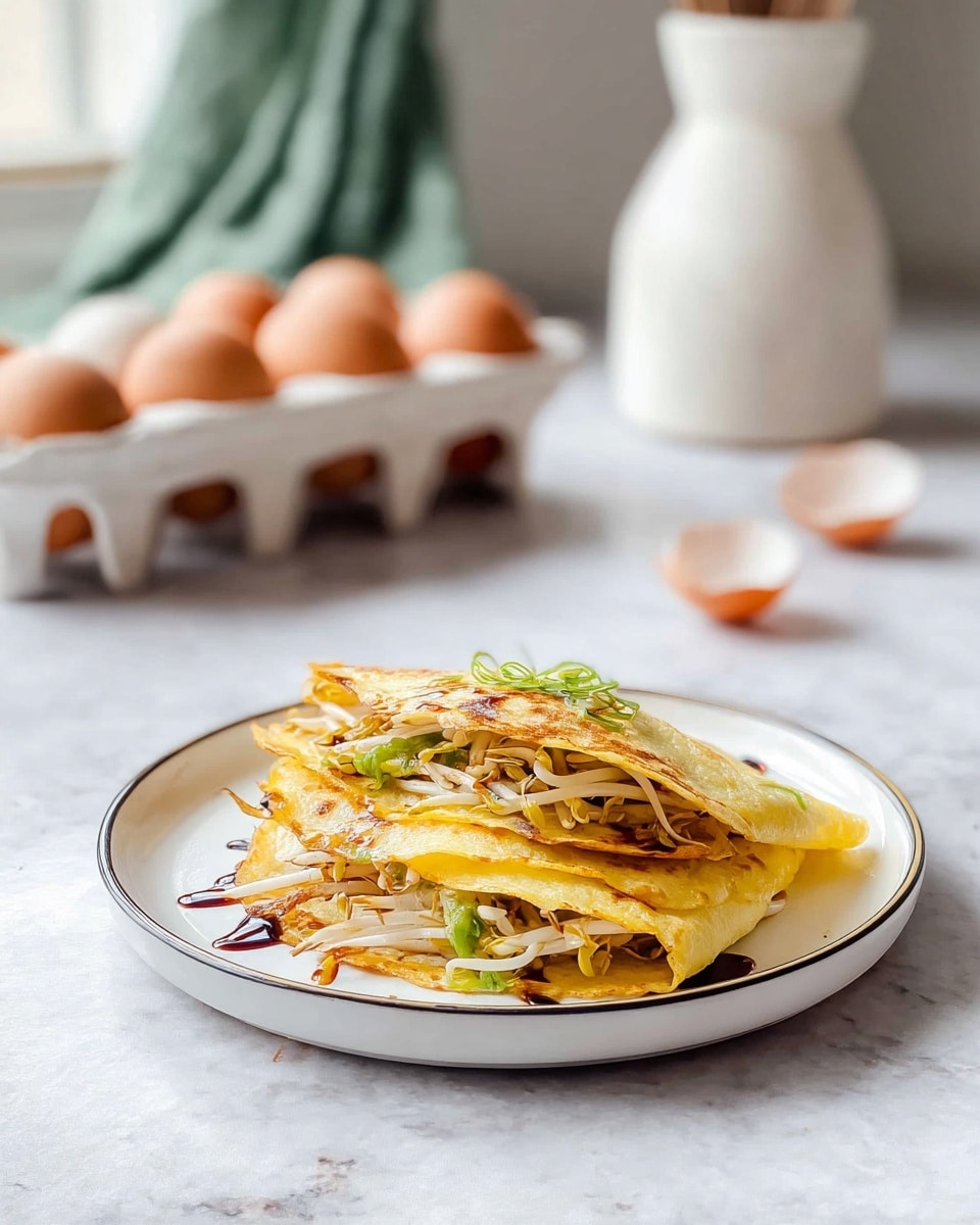 Two folded yellow crepes with a soft texture are stacked on a white plate with a thin black rim, resting on a white marbled surface. Each crepe layer is filled with light bean sprouts and small green vegetables, with dark soy sauce drizzled on top and around the edges. In the background, there is a white egg carton holding brown eggs and a cracked egg shell nearby, along with a white vase and a blurred green fabric container. The scene is lit by natural soft light coming from a window. photo taken with an iphone --ar 4:5 --v 7