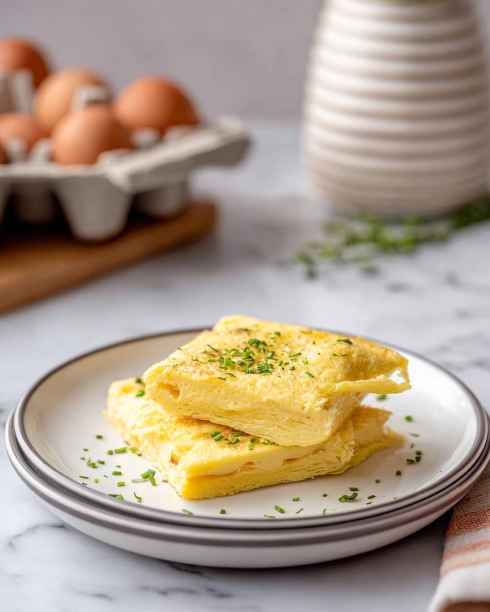 Two square-shaped yellow omelet pieces with a light, fluffy texture are stacked slightly unevenly on a white plate with a thin gray rim. The omelets are sprinkled with small green chopped herbs, adding a touch of color contrast. The plate sits on a white marbled surface. In the blurred background, there is an egg carton filled with brown eggs and a white vase with horizontal ridges. Photo taken with an iphone --ar 4:5 --v 7