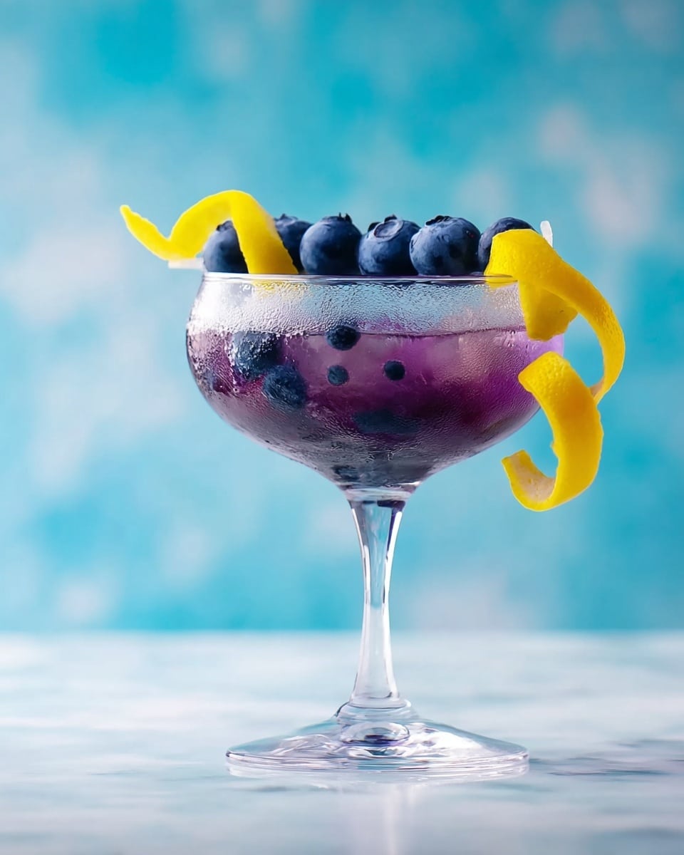 A clear glass coupe filled with a purple icy drink that has small blueberries floating inside, with visible condensation on the glass. The drink is garnished on the rim with a skewer of fresh blueberries and a twist of bright yellow lemon peel curling down the side. The glass sits on a white marbled surface with a soft blue and white blurred background, creating a fresh, cool atmosphere. photo taken with an iphone --ar 4:5 --v 7