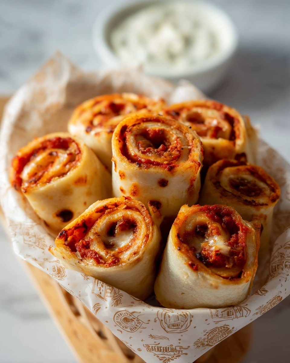 The image shows six rolled pizza pinwheels standing upright in a white basket lined with printed parchment paper. Each roll has a browned, slightly crispy exterior layer of soft, light dough with a visible spiral of bright red tomato sauce and melted cheese inside. The pinwheels have small browned spots where the rolls toasted. In the background, a small white bowl with a creamy white dip sits on a white marbled surface. The lighting highlights the warm colors of the pizza rolls and the soft texture of the dough. photo taken with an iphone --ar 4:5 --v 7