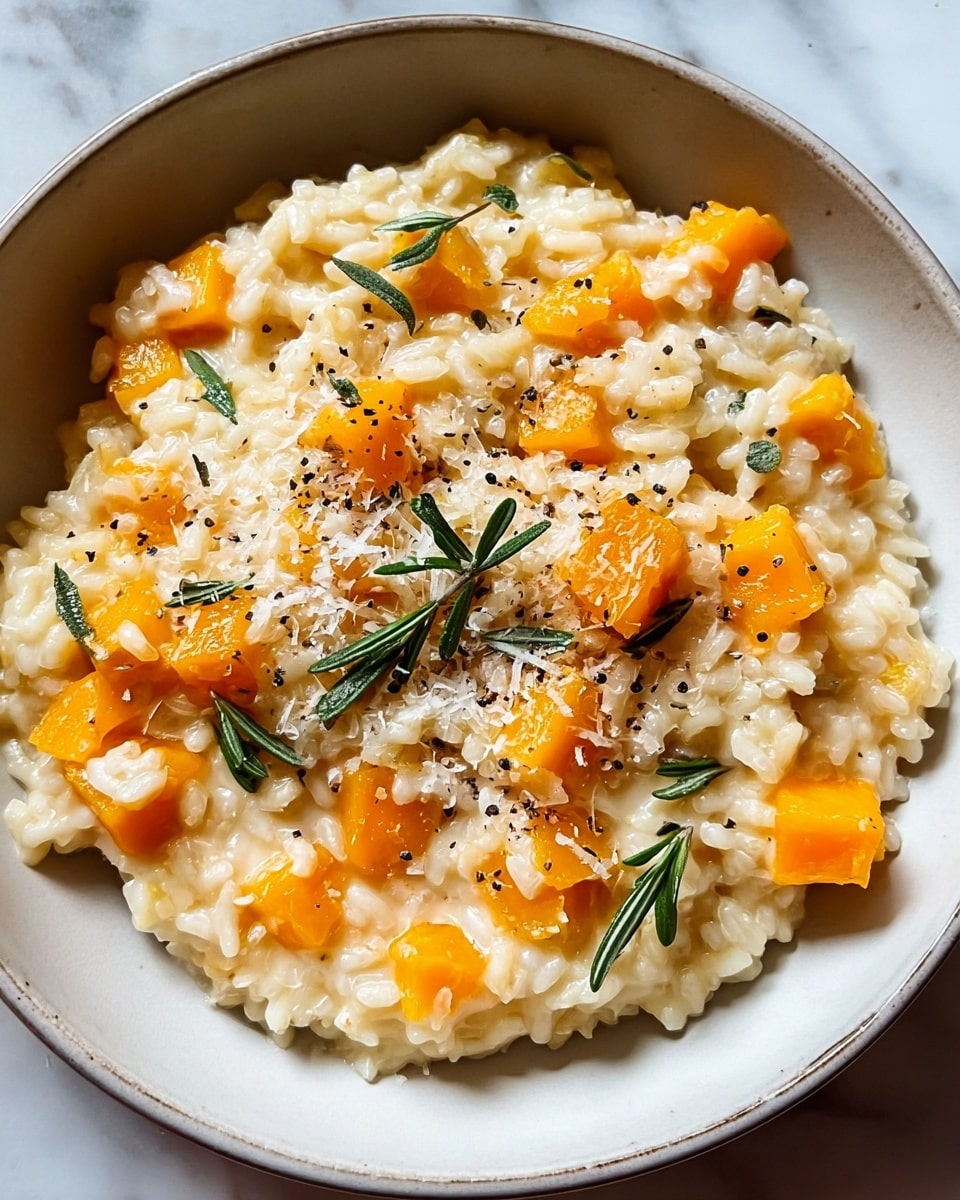 A white bowl holds creamy risotto with visible short grains mixed with bright orange cubes of butternut squash throughout. On top, there is a generous sprinkle of finely grated cheese added unevenly, accented by cracked black pepper specks and a few fresh, green rosemary leaves scattered over the surface. The bowl sits on a white marbled texture, enhancing the warm and inviting look of the dish. photo taken with an iphone --ar 4:5 --v 7