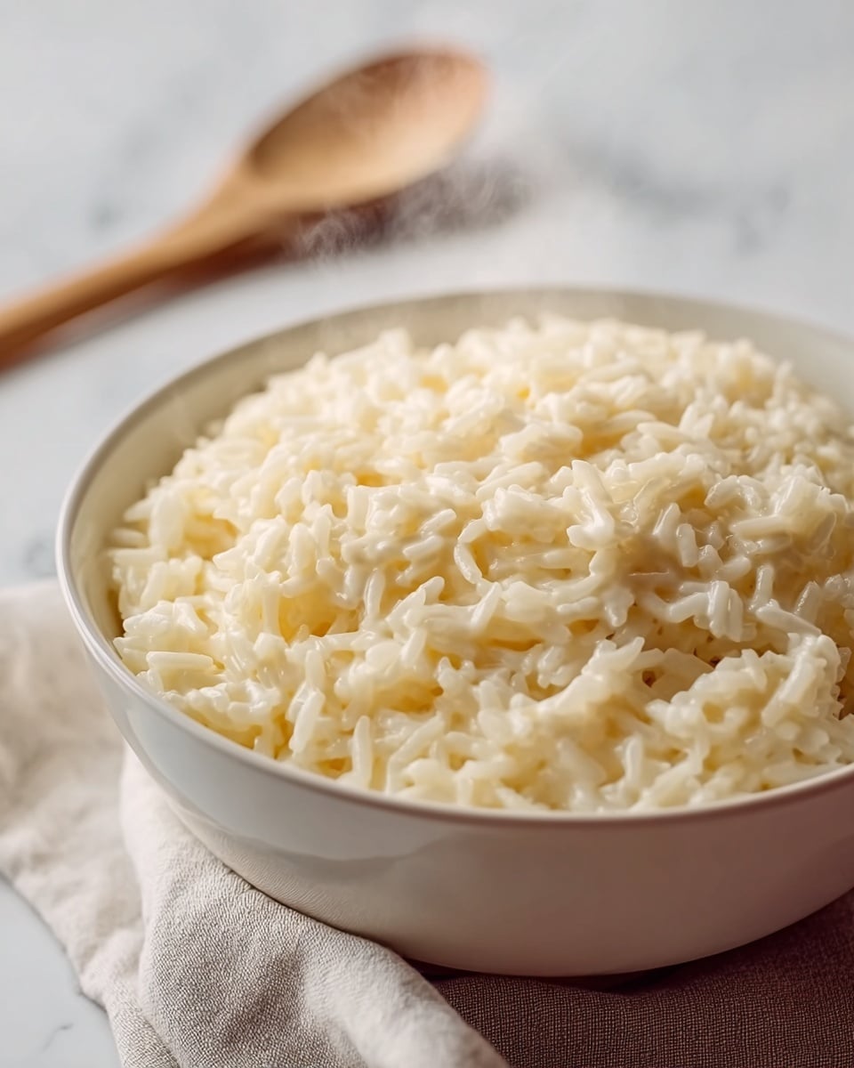A close-up view of a single white bowl filled with creamy rice, showing soft and slightly shiny grains that are lightly clumped together, with steam rising gently from the surface. The rice appears smooth and tender, with a pale yellow tint from the creamy sauce. The bowl sits on a light beige cloth, and a wooden spoon rests nearby on the white marbled texture background. photo taken with an iphone --ar 4:5 --v 7