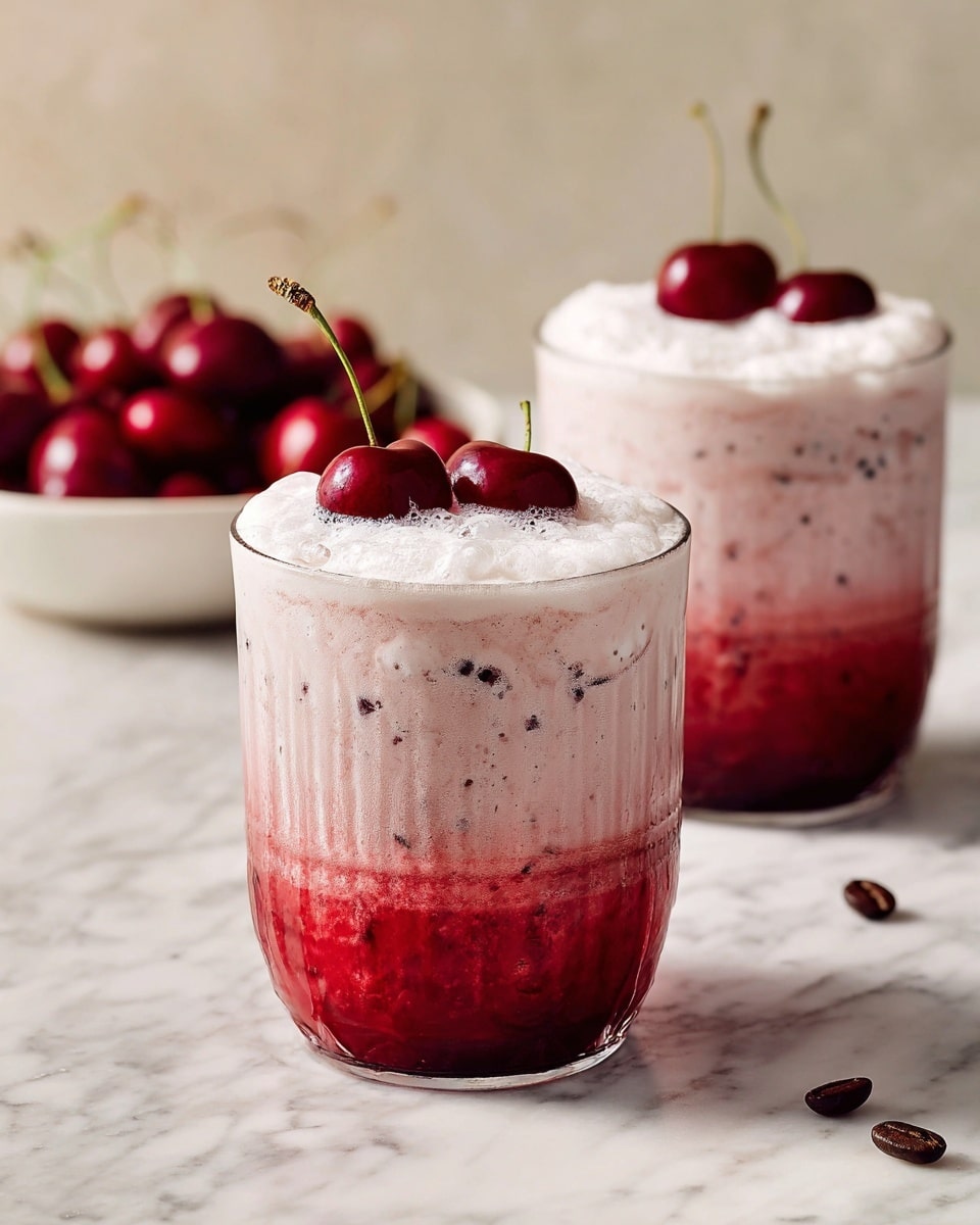 Two clear glass cups filled with a three-layer cherry drink sit on a white marbled surface. The bottom layer is bright red with a smooth texture, the middle layer is a light pink with small dark specks, and the top layer is foamy white cream that spills slightly over the edges. Each cup is topped with a shiny red cherry with a stem. In the background, there is a white bowl filled with more bright red cherries, and a few coffee beans are scattered on the surface near the front cup. The photo taken with an iphone --ar 4:5 --v 7