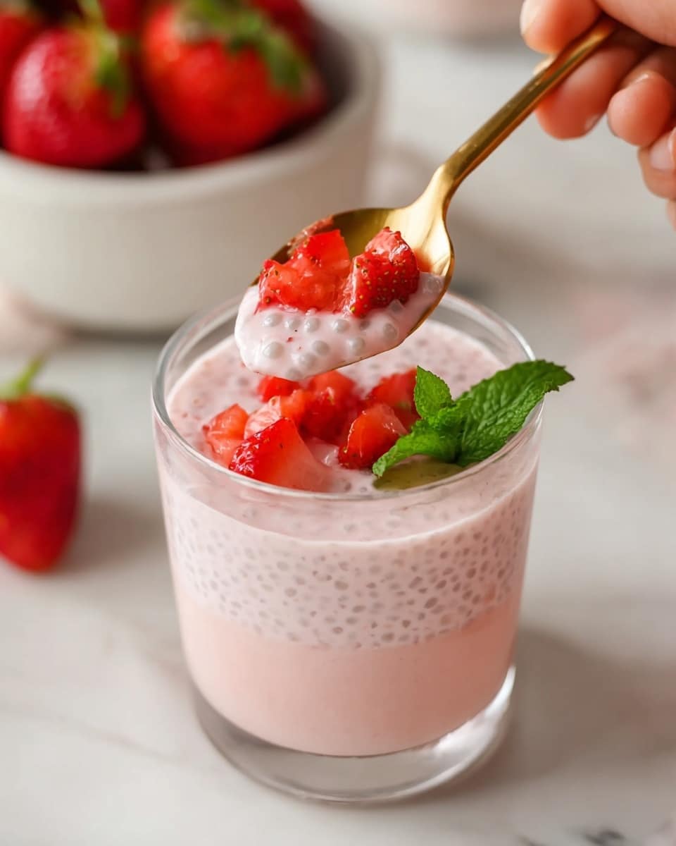 A clear glass filled with three layers: the bottom and middle layers are a light pink creamy pudding with small translucent tapioca pearls evenly mixed throughout, and the top layer includes a small pile of bright red chopped strawberries and a sprig of fresh green mint placed slightly to the side. A golden spoon with a woman's hand holding it scoops a dollop of the pudding topped with a piece of strawberry, hovering just above the glass. The glass sits on a white marbled surface with a blurred white bowl of strawberries in the background. Photo taken with an iphone --ar 4:5 --v 7