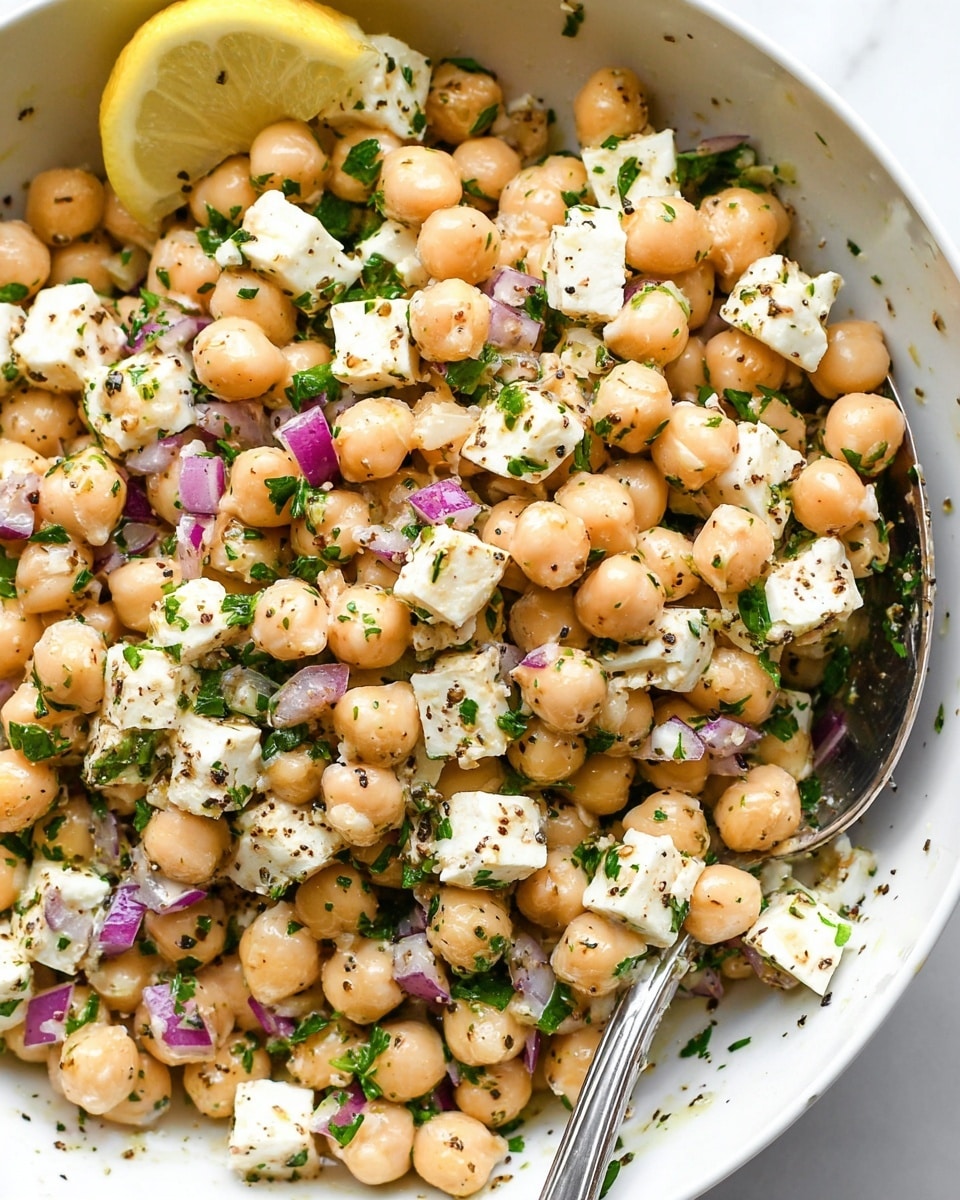 The image shows a close-up of a chickpea salad in a white bowl with a white marbled background. The salad has a single visible layer made of light beige chickpeas mixed with small white cubes of feta cheese scattered evenly throughout. Finely chopped green parsley is sprinkled all over, along with small pieces of purple-red diced onion. There is a lemon wedge placed at the top left corner for garnish. A metal spoon is partially buried inside the salad on the right side, reflecting some of the ingredients. The salad looks fresh, lightly coated in dressing, and speckled with black pepper. Photo taken with an iphone --ar 4:5 --v 7