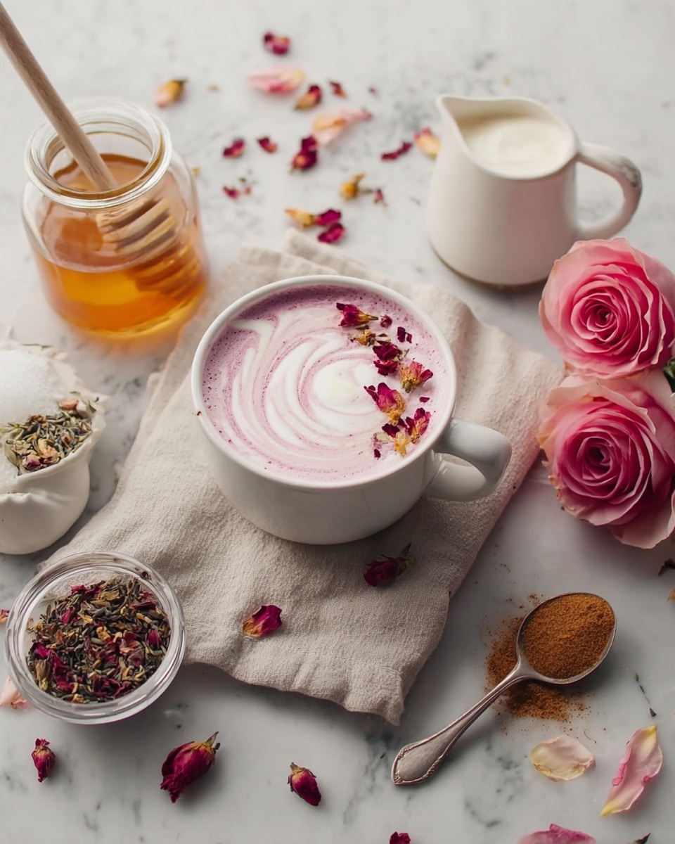 A white cup filled with a creamy drink showing two layers: a light purple base with smooth swirls of white foam on top, decorated with small red and pink rose petals and tiny dried flower pieces placed on a soft beige cloth. Around the cup, there are two pink roses on the right side, a jar of golden honey with the lid open, a small white jug containing thick white cream, a small glass bowl with loose tea leaves mixed with red flower bits, and a spoon filled with brown powder surrounded by scattered petals and seeds. All of this sits on a white marbled surface. Photo taken with an iphone --ar 4:5 --v 7