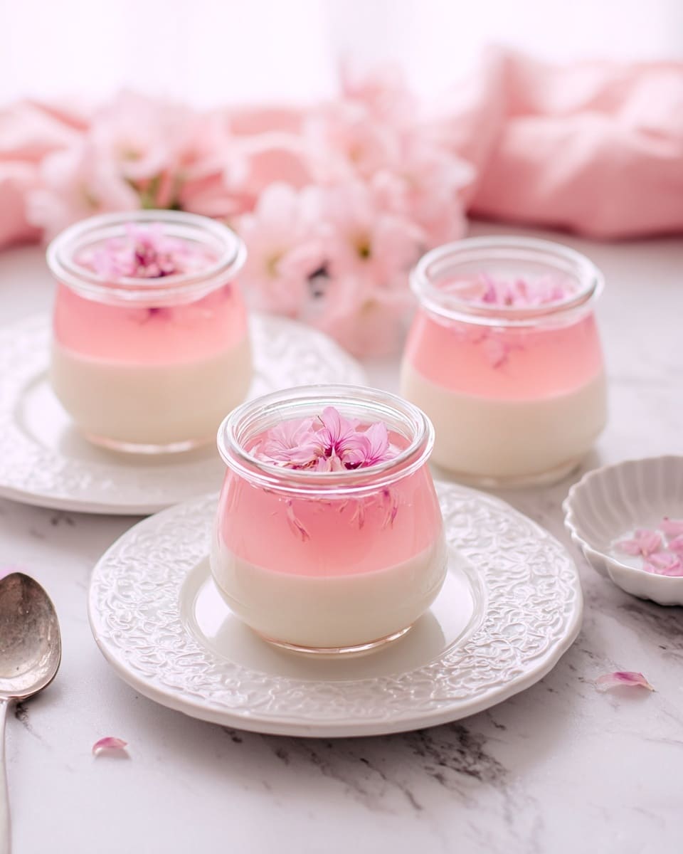 Three small glass jars each hold a dessert with two layers: a smooth, creamy white layer at the bottom and a translucent pink jelly layer with delicate flower petals on top. The jars are placed on stylishly detailed white plates that sit on a white marbled surface. In the background, there are soft pink flowers and a pink cloth, adding a gentle touch of color. A small white scalloped dish with a silver spoon rests nearby, enhancing the elegant and light setting. photo taken with an iphone --ar 4:5 --v 7