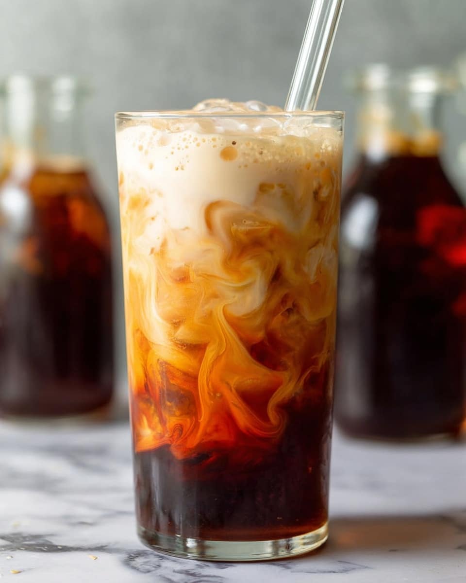 A tall clear glass filled with iced coffee shows three main layers: the bottom layer is dark brown coffee with visible ice cubes, the middle layer is swirling light orange and caramel tones where the coffee mixes with cream, and the top layer is frothy and creamy off-white foam with small bubbles. A clear straw is placed in the glass. In the blurry background, there are two glass bottles with dark liquid on a white marbled surface. photo taken with an iphone --ar 4:5 --v 7