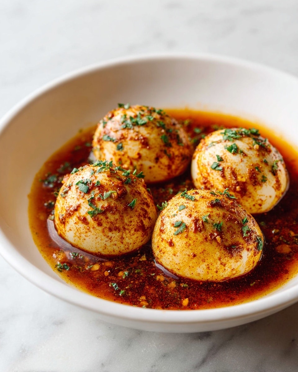 The image shows a white bowl filled with four soft-boiled eggs covered in a thick, rich reddish-brown sauce. Three whole eggs are sprinkled with finely chopped green herbs and small bits of reddish seasoning on the surface. One egg is cut in half, revealing a bright orange, glossy, slightly runny yolk inside a smooth white egg white. The sauce surrounding the eggs has a slightly oily texture with scattered green herbs on top. The bowl sits on a white marbled texture surface. Photo taken with an iphone --ar 4:5 --v 7