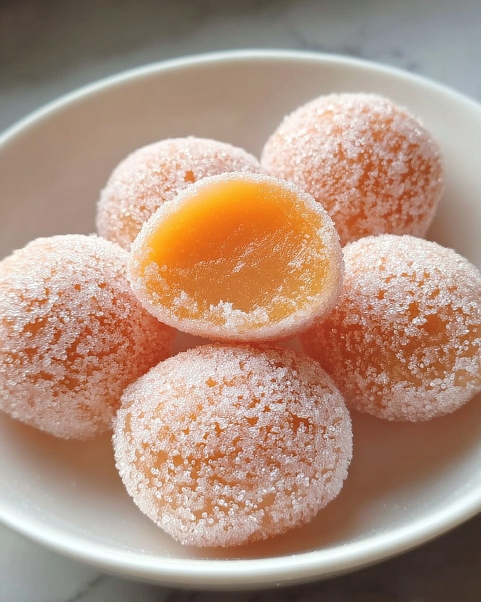 Five round orange mochi are shown on a white bowl with a white marbled texture surface. Each mochi is covered with a layer of white sugar crystals, giving them a frosted look. Two mochi are partially bitten, revealing a smooth orange filling inside. The mochi texture looks soft and chewy while the sugar on the outside adds a rough texture. The lighting highlights the sugar crystals and the soft shine of the mochi skin. photo taken with an iphone --ar 4:5 --v 7