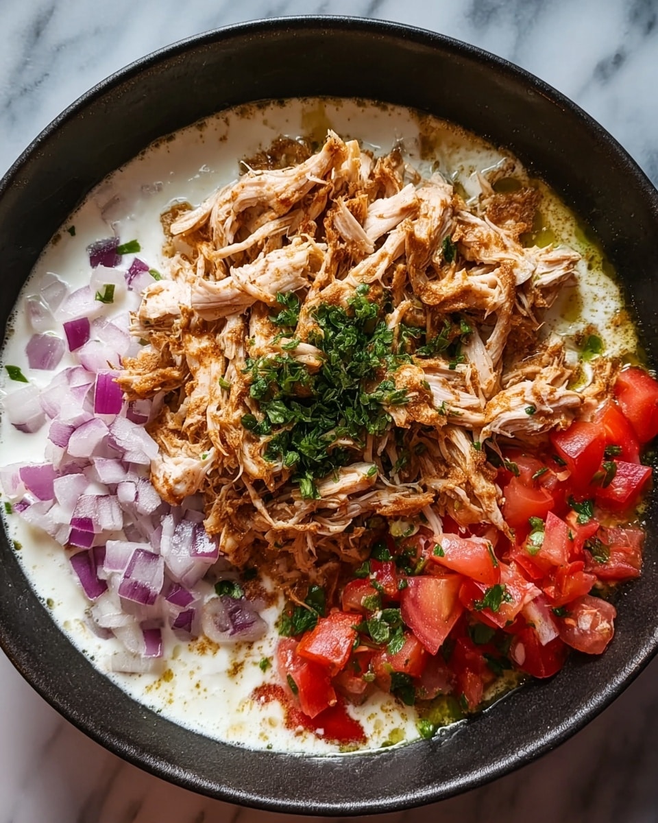 The image shows a dish in a dark bowl with four main layers. The bottom layer is a creamy white sauce covering the whole base. On top of this, there is shredded chicken with a light brown color mixed with small green herb pieces, placed in the center. To the left, there are small purple and white chopped onions, and to the right, there are chopped bright red tomatoes with bits of green herbs sprinkled on top. The bowl is set on a white marbled surface. photo taken with an iphone --ar 4:5 --v 7